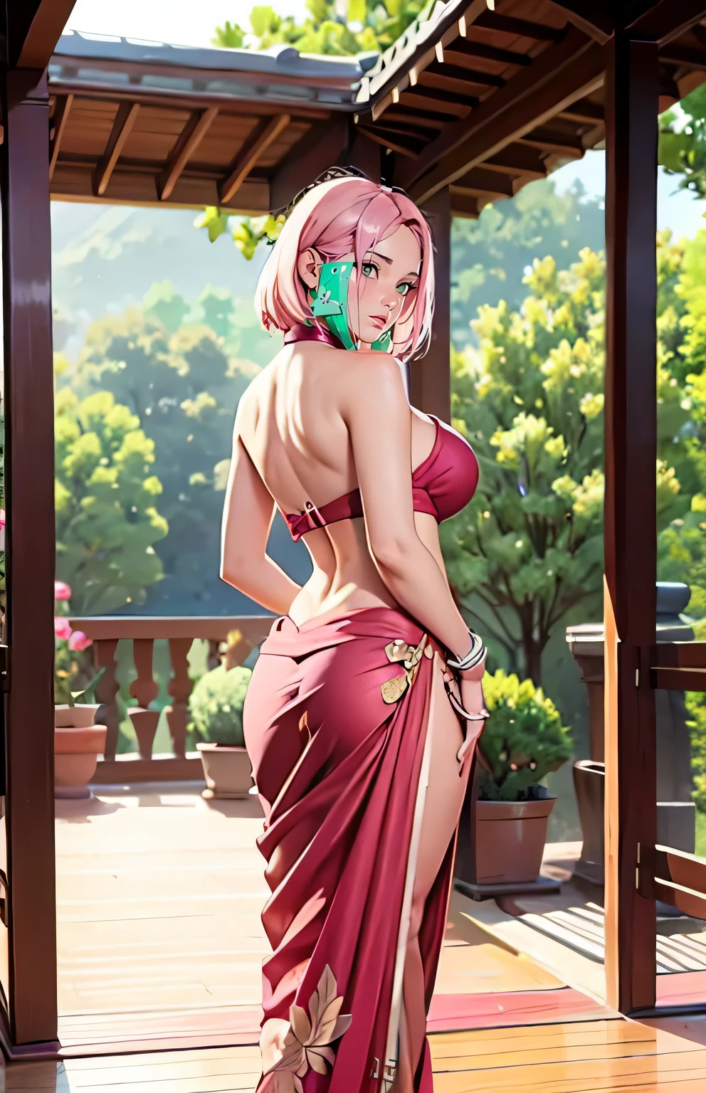 , wearing indian saree , fullbody, cleavagenatomy, masterpiece, best quality, 4k, 8k, professional photography, soft light, sharp focus, 1 girl, sakura haruno, pink hair, parted banks, detailed face+brown eyes, open lips, lipstick, boobs show, bshow, ass shott show, from ind, handsbutt,fingering