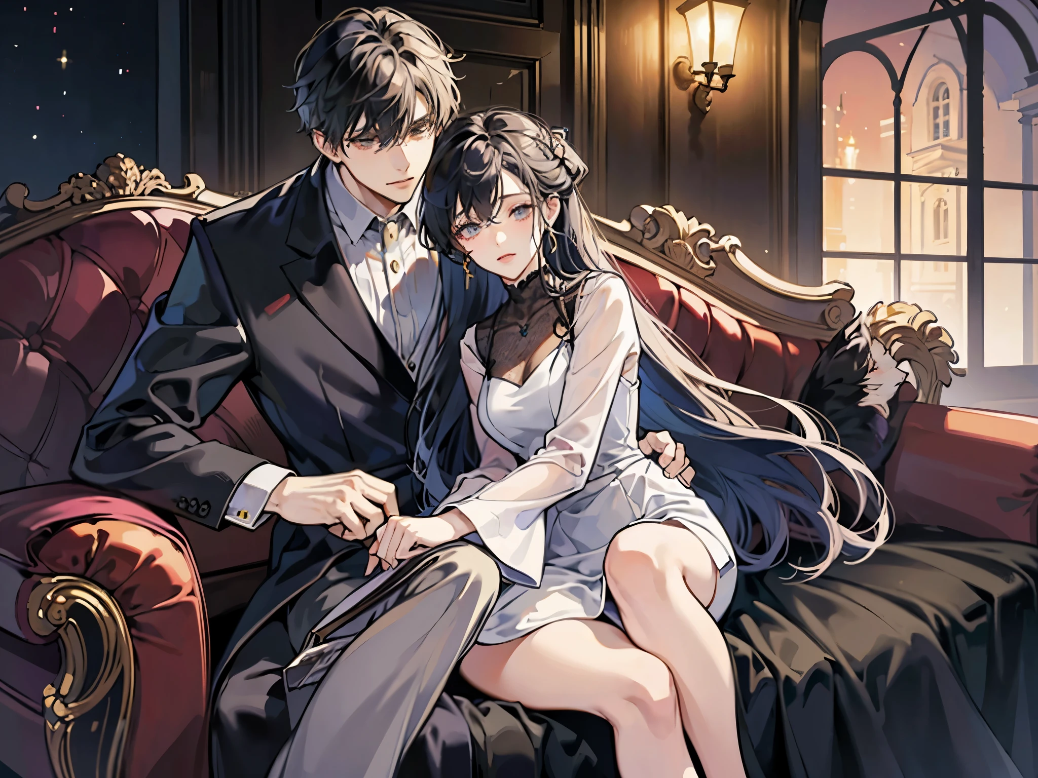 A handsome young boss in a black suit and his gentle and lively wife in an evening dress,Ambiguously hugging each other on the sofa,They're about to kise careful not to have extra hands or feet