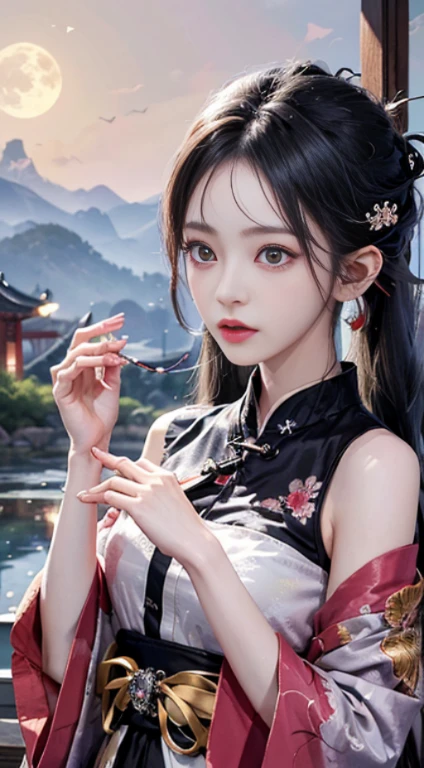 (8K, Raw photo:1.2),Best Quality, 超A high resolution,Dramatic Angle,(ひらひらしたdetailedsなカラースプラッシュ), (Illustration),(((1 girl))),(Long hair),(Rain:0.9),(Hair Ornament:1.4),there is an ancient palace beside the girl,dressed in Chinese clothes), color Ink wash painting,(splashes of colour),Colorful splashing,(((Colorful))),(sketch:0.8), masutepiece,Best Quality, Beautifully painted,highly detailed,(denoise:0.6),[Splash ink],((Ink refraction)), (美しいdetailedsな空),Moon,highly,detaileds,(masutepiece, Best Quality, extremely detailed CG unity 8K wallpaper,masutepiece, Best Quality, Ultra-detailed),(Lycoris radiata),