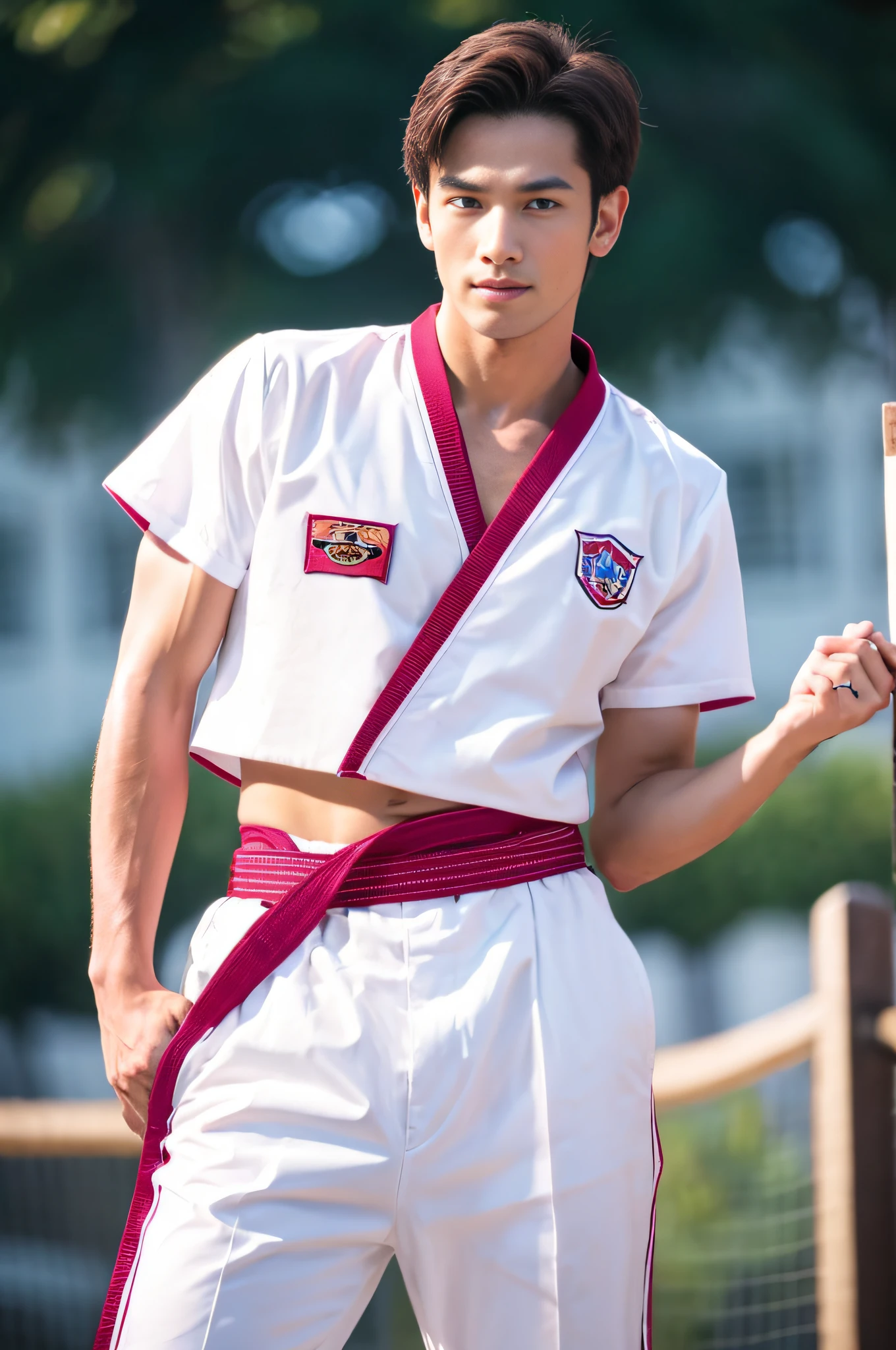 a picture, a handsome, 8k full body portrait of a man, Charming sweet look, Move ki, shorth hair, musculature, clong legs, musculatureの足,, bare-legged, 詳細なmusculatureの体格, a picture, (masterpiece, top-quality, top-quality, Official art), Stick out your fist, Large and dynamic movements, Photorealistic depiction,20yr old, Toned waist, White Karate Uniform, Karate Belt, White karate pants, Accurate depiction of details, Perfect skeleton, Look straight at your audience, sharp gaze