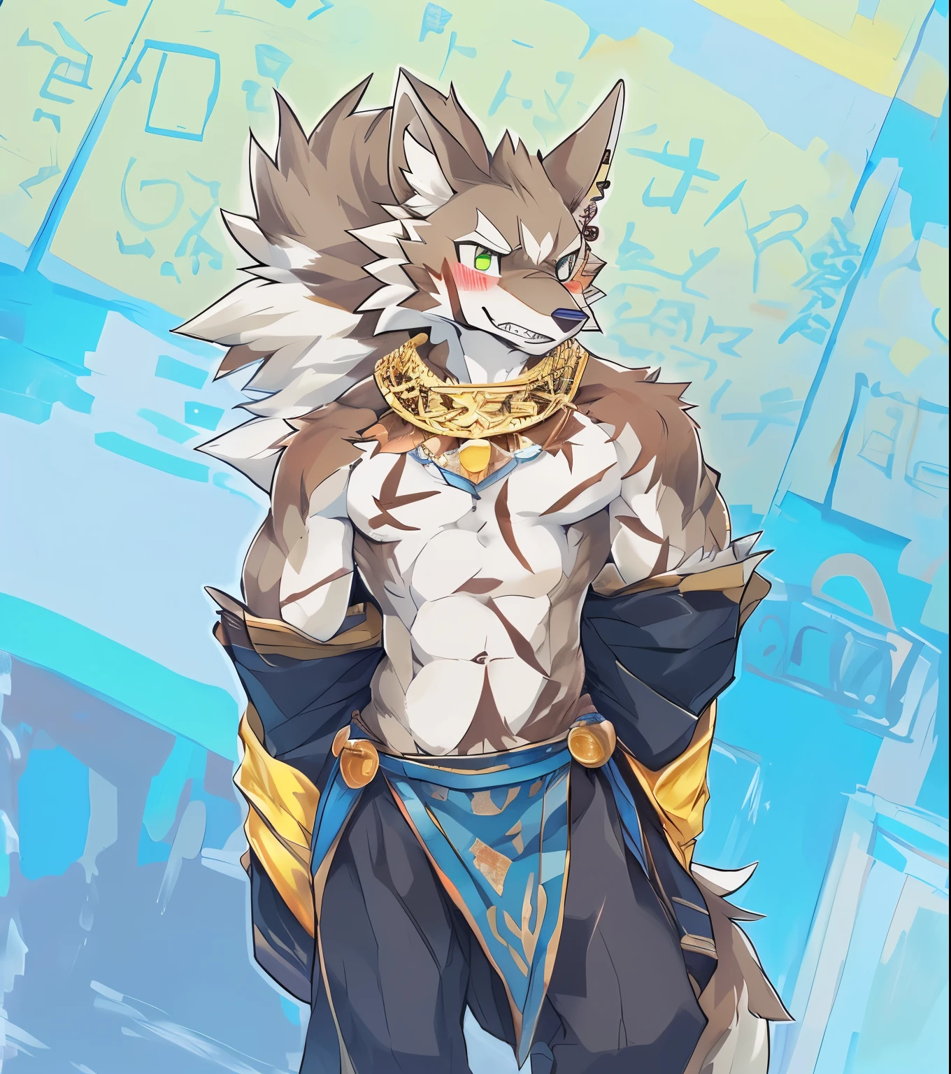 Seto (Tokyo After-School Summoners), Seto(Wandering Longing), Seth (it), Seto, Kazuma Koda, coyote, gold necklace, Gold jewelry, Ear piercing, wear a loincloth, Green Eye, Grey Body, white body, Brown Body, stripes, stripes 몸체, High Quality, 8K, High image quality, NSFW Works, pixiv, shadowy, A composition where the whole body is visible, The right ratio, skiny, Sexy, Sexy muscles, Erotic, blush, Taking off my smile, Shameful, Shame, clenched teeth