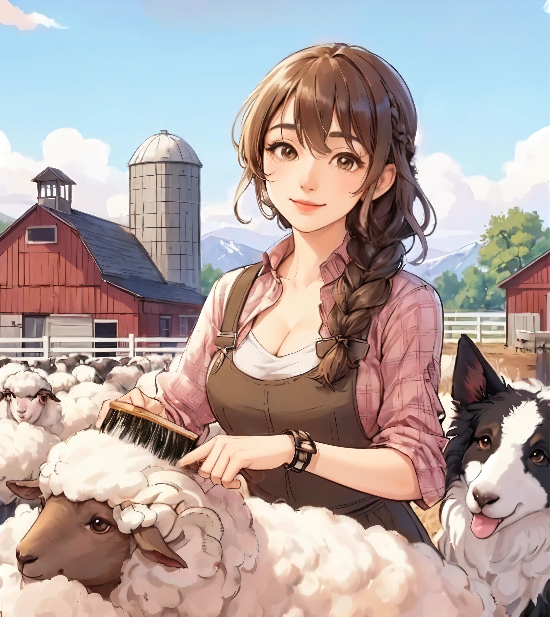 1lady solo, rancher (stylish outfit), (brushing a sheep:1.2), mature female, /(brown hair/) braid, bangs, kind smile, (masterpiece best quality:1.2) delicate illustration ultra-detailed, large breasts BREAK (realistic sheep), (realistic dog (border collie)), illustration, (holding a brush) BREAK (sheep farm outdoors) (lots of sheep), (western-style sheep barn and silo), blue sky