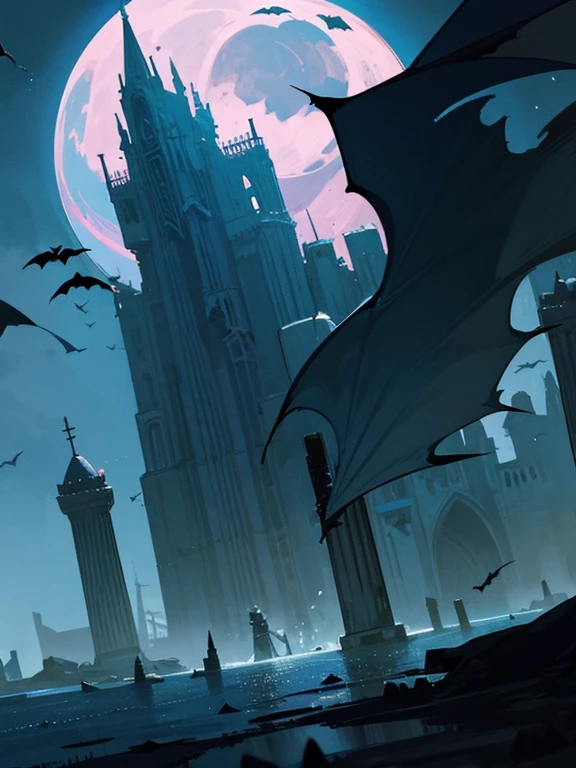 a moon nigh sky Ocean wind medieval times murky the bats Crumbling buildings