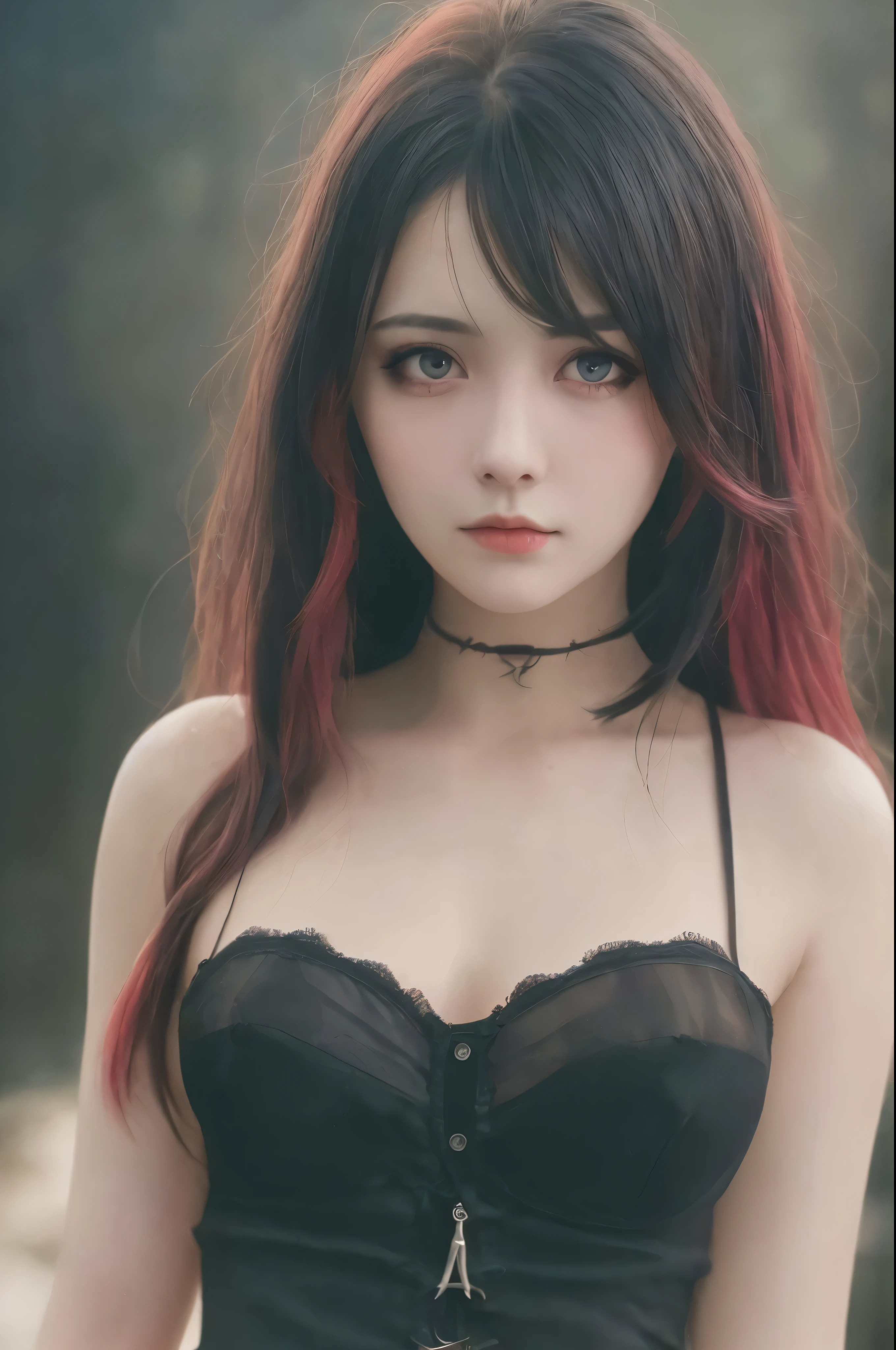 (realisti:1.2), Analog Photography Style, cute woman with short black and red multicolored hair, red eyes, (gloomy and dark atmosphere), soft natural lighting, Faded colors, Sexy, great quality, Masterpiece, Detailed fantasy backstory, Better Performance, 16k quality, HDR, RAW photo