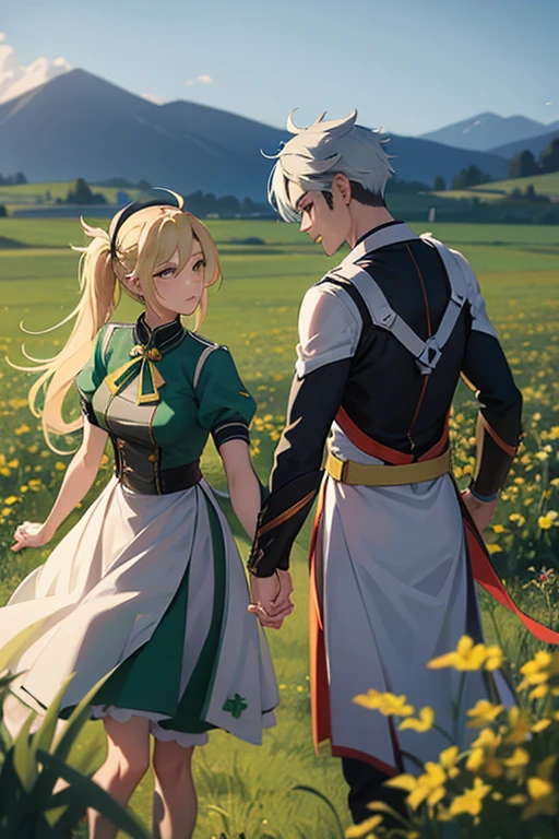 genji and mercy holding hands looking into a field