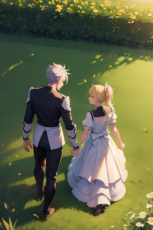 genji and mercy holding hands looking into a field