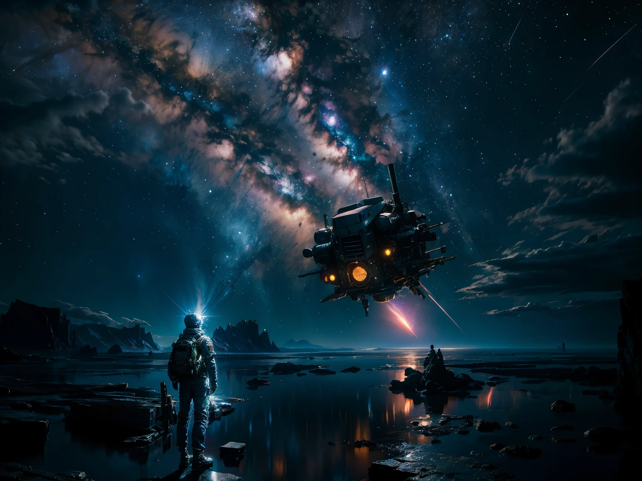 Draw a young female programmer, standing on a research platform floating in the middle of an asteroid belt, turn her back on viewers , from behind,surrounded by several asteroids glowing with fiery auras BREAK Dramatic lighting from distant stars and planets illuminates the scene, casting deep shadows on the suit, looking at the vast and mysterious universe with wonder and respect,BREAK,Detailed,Realistic,4k highly detailed digital art,octane render, bioluminescent, BREAK 8K resolution concept art, realism,by Mappa studios,masterpiece,best quality,official art,illustration,ligne claire,(cool_color),perfect composition,absurdres, fantasy,focused,rule of thirds