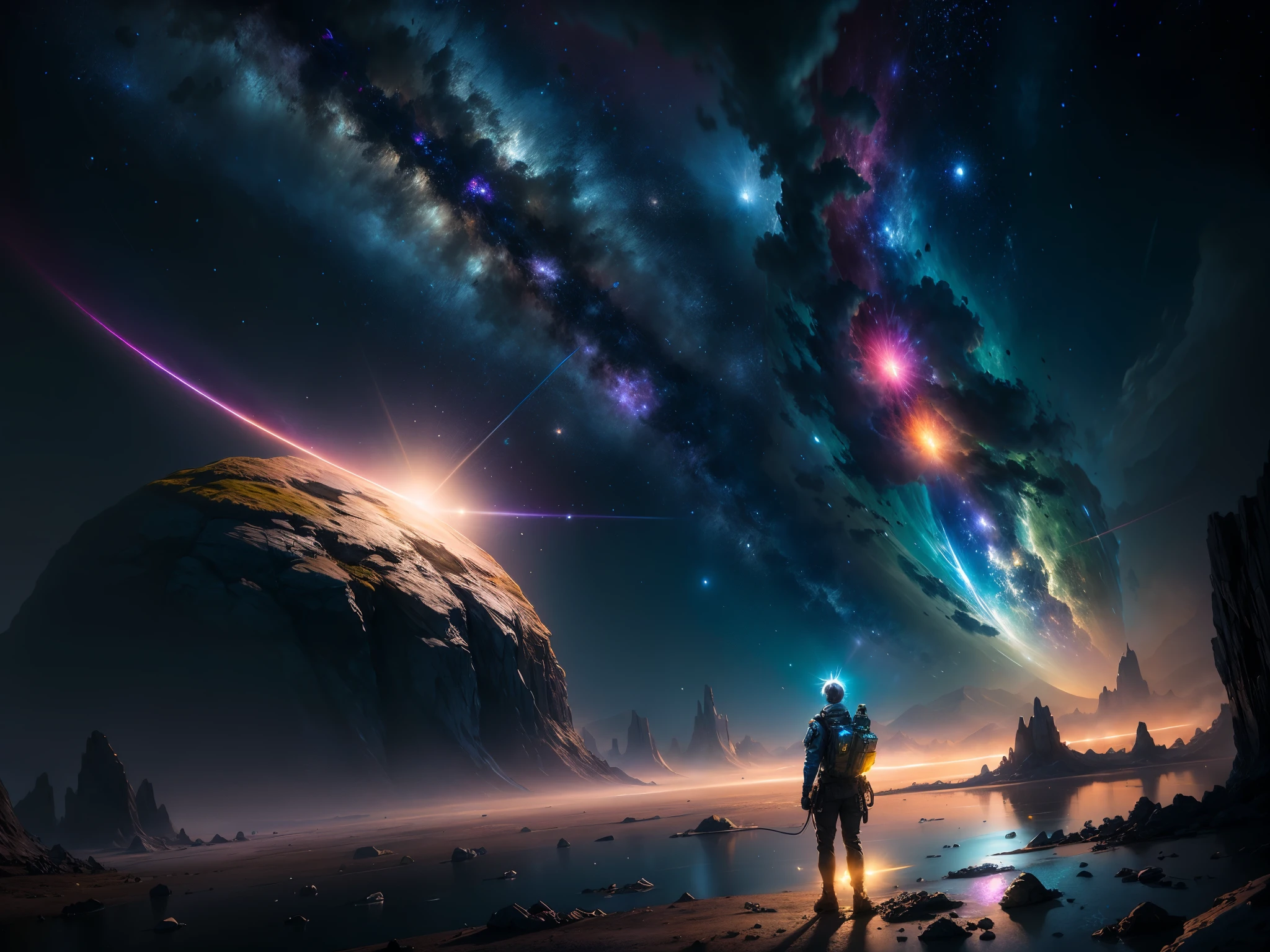Draw a young female programmer, standing on a research platform floating in the middle of an asteroid belt, turn her back on viewers , from behind,surrounded by several asteroids glowing with fiery auras BREAK Dramatic lighting from distant stars and planets illuminates the scene, casting deep shadows on the suit, looking at the vast and mysterious universe with wonder and respect,BREAK,Detailed,Realistic,4k highly detailed digital art,octane render, bioluminescent, BREAK 8K resolution concept art, realism,by Mappa studios,masterpiece,best quality,official art,illustration,ligne claire,(cool_color),perfect composition,absurdres, fantasy,focused,rule of thirds