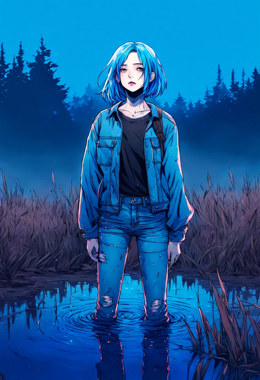 drowning in a bog, illustrator, the anime , Realistic ,Sketch , 1girl, standingn,lip, Jeans,That is ok, Blue gradient background, neon hair,Textured finish, Canadian, (Masterpiece,Best Quality),