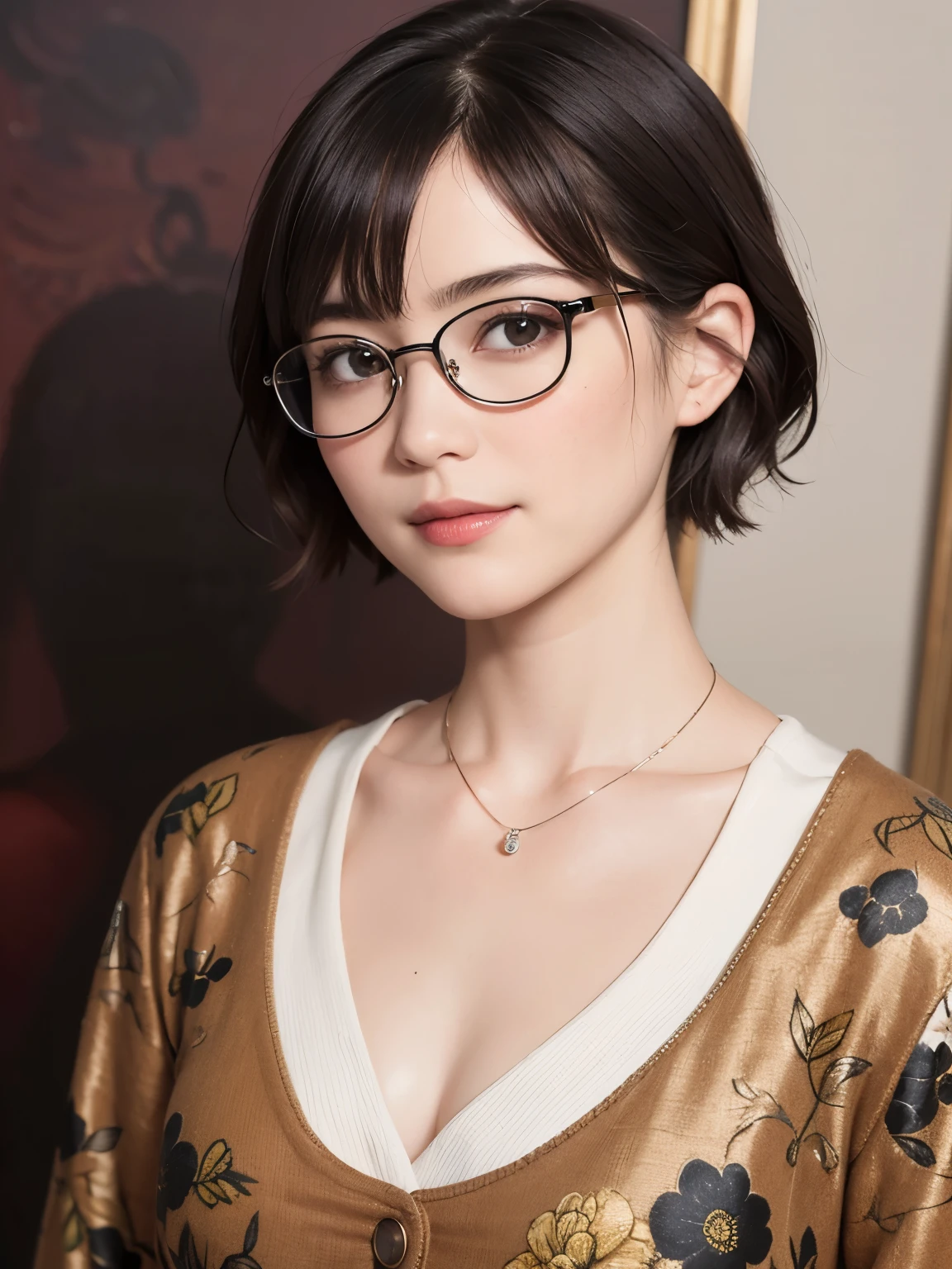 138
(a 20 yo woman,draw a self-portrait), (A hyper-realistic), (high-level image quality), ((beautiful hairstyle 46)), ((short-hair:1.46)), (Gentle smile), (breasted:1.46), (lipsticks), (wears glasses,wide,a room), (florals), (an oil painting、Rembrandt)