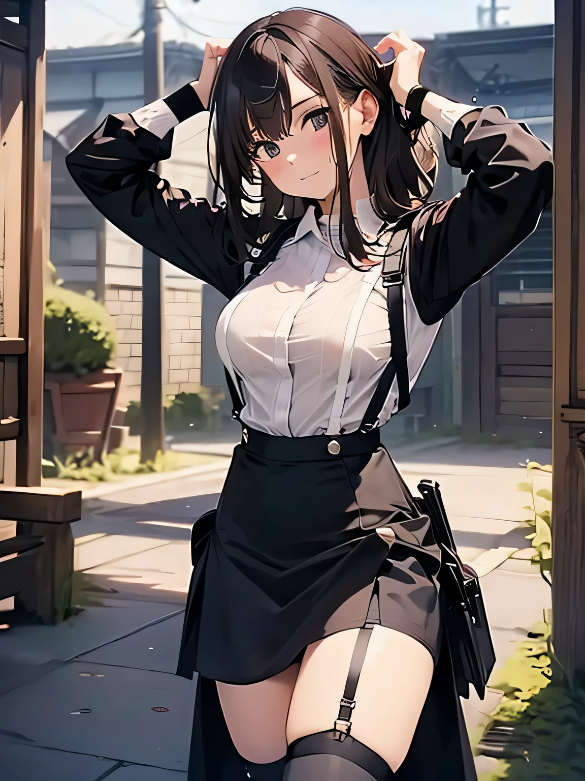 Brown hair、watching at viewers　　　black suspenders　　　bulging big tits　　 　 　　　walls: 　Black miniskirt　garters　　　　　　Gaze　　　a small face　bangss 　　　holster　　　Beautuful Women　　Hands up　　レッグholster ベッドに横たわる　　Gaze 　black boots panty shot　Provocation　flank　flank汗　Soio 　arms are