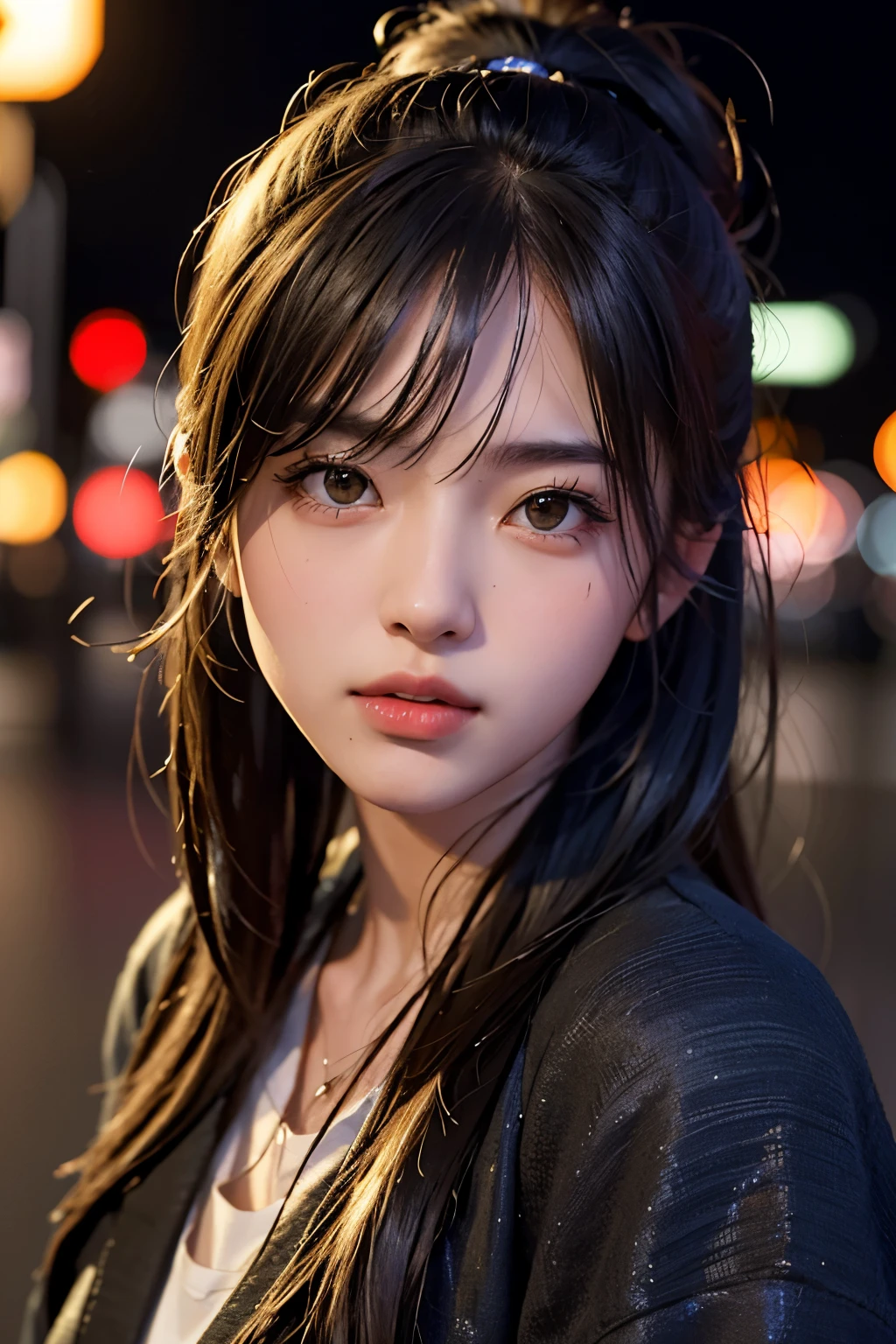 1girl, Tokyo street,night, cityscape,city lights, upper body,close-up, 8k, RAW photo, best quality, masterpiece,realistic, photo-realistic,