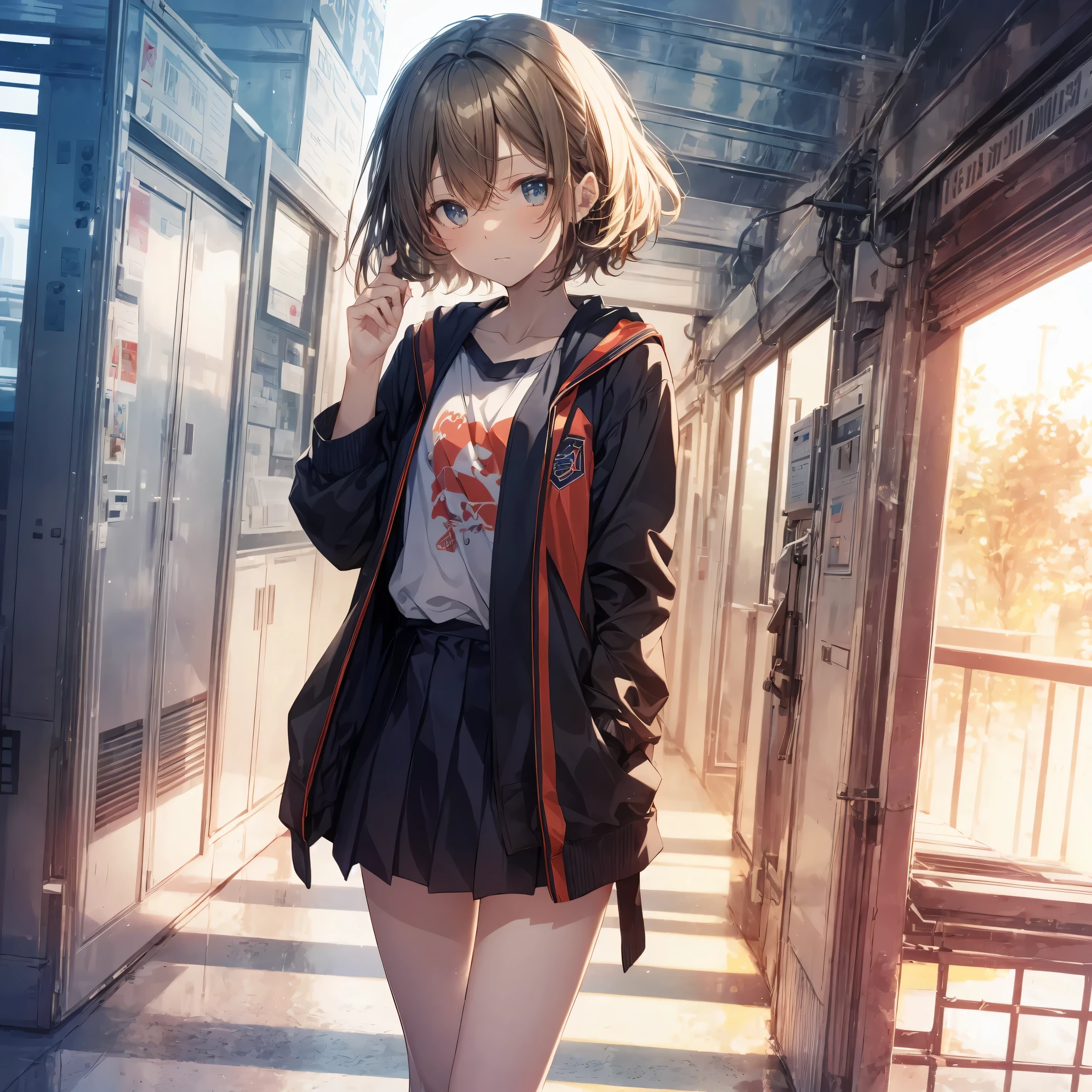 Super high quality by the art god, Ultra-detailed, High resolution, anime moe art style, best anime 8K konachan wallpaper, Pixiv Contest Winner, Perfect Anatomy, BREAK,(Draw a girl sleepily walking to school. ),BREAK, 1girl in, (Solo,Lori,child,13years:1.3),Full limbs, complete fingers,a junior high school student, Androgynous attraction, (Very short hair), Sleeping hair, hair messy, flat chest, Small butt, groin, Small eyes,Beautiful detailed black eyes, Well-proportioned iris and pupils, disgusted eye, High resolution detailed hair, School uniform, Skirt, On the way to school. BREAK,Ultra-detailed細なスキン, Best lighting by famous artists, 8K, Illustration,