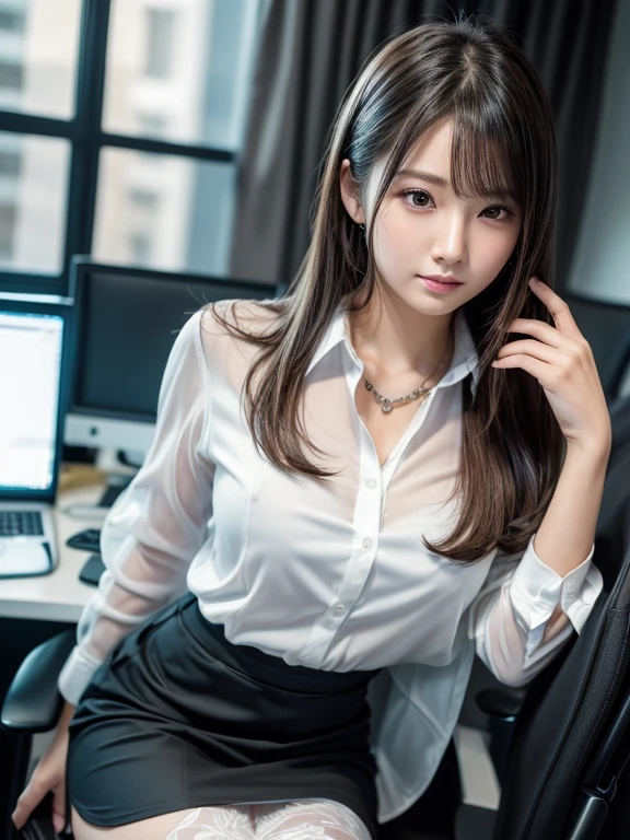 (8k, RAW photo, best quality, masterpiece:1.2),(realistic, photo-realistic:1.4), Correct human finger, manicure, SIGMA lens, 85mm f/1.4., (hand between legs:1.2), live-action, HDR, depth of fields, Portrait, ultra-detailed, extremely detailed, hyperrealistic, dark office, night, dimlight, gravure, (cute Japanese actress, extremely detailed skin: 1.2), 20 years old, extremely detailed face, pale skin, brown eyes, hands between legs, embarrassed, (looking at viewer), simple piercing, big ass, ((see-through white formal shirt)), business suits, black skirt, stockings, cleavage, office chair