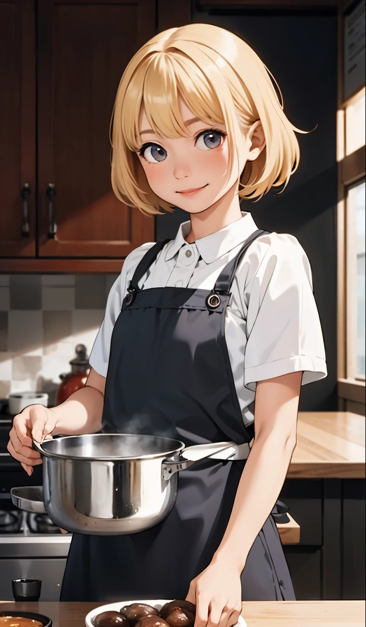 Perfect picture,,{Girl in an apron}{Duan,kitchin}(surround the pot){Beautiful }{hedonism},{dining,Oden},8 years old girl,4K picture quality, Cinematic,,{Gamine},{small body and chest,,,,,,} Longhaire,a blond,cute expression,face perfect,｛girl showing a smile｝