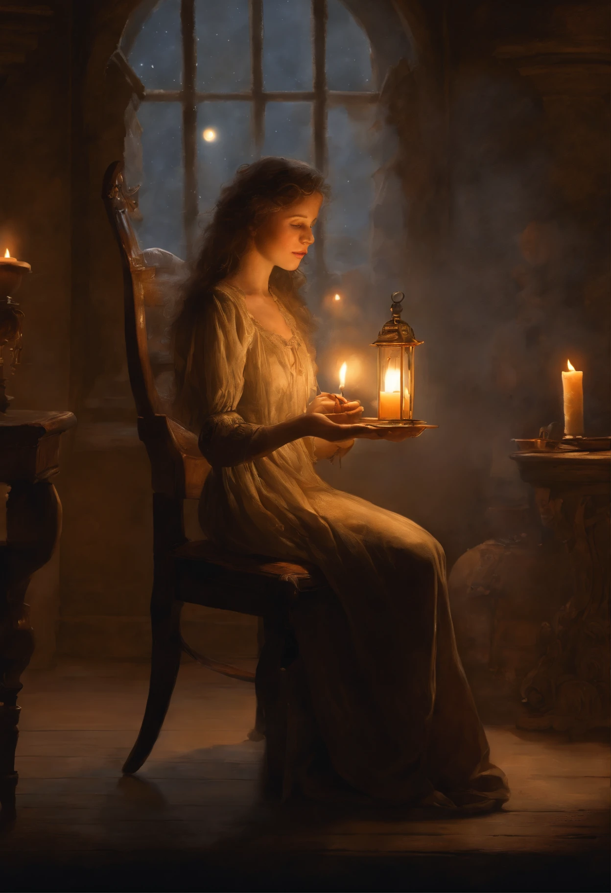 真实感, a painting, Fantastic tale, Christmas style, Small painting by Jean-Baptiste Monge ,A girl (anatomically correct drawn body) sits on a chair and reads a mantra with a lit candle, Художественный стиль charli bowaterа, by candlelight, rob rey, Neoartcore и charli bowater, charli bowater Искусство персонажей, charli bowater насыщенные глубокие цвета, charli bowater, mantra burns with fire, candlelight, Candle lighting, candle lit, nightlight study, loish art style, Jean-Baptiste Monge, anthropomorphic --ar 2:3 --testp -optimistic; Straight hair