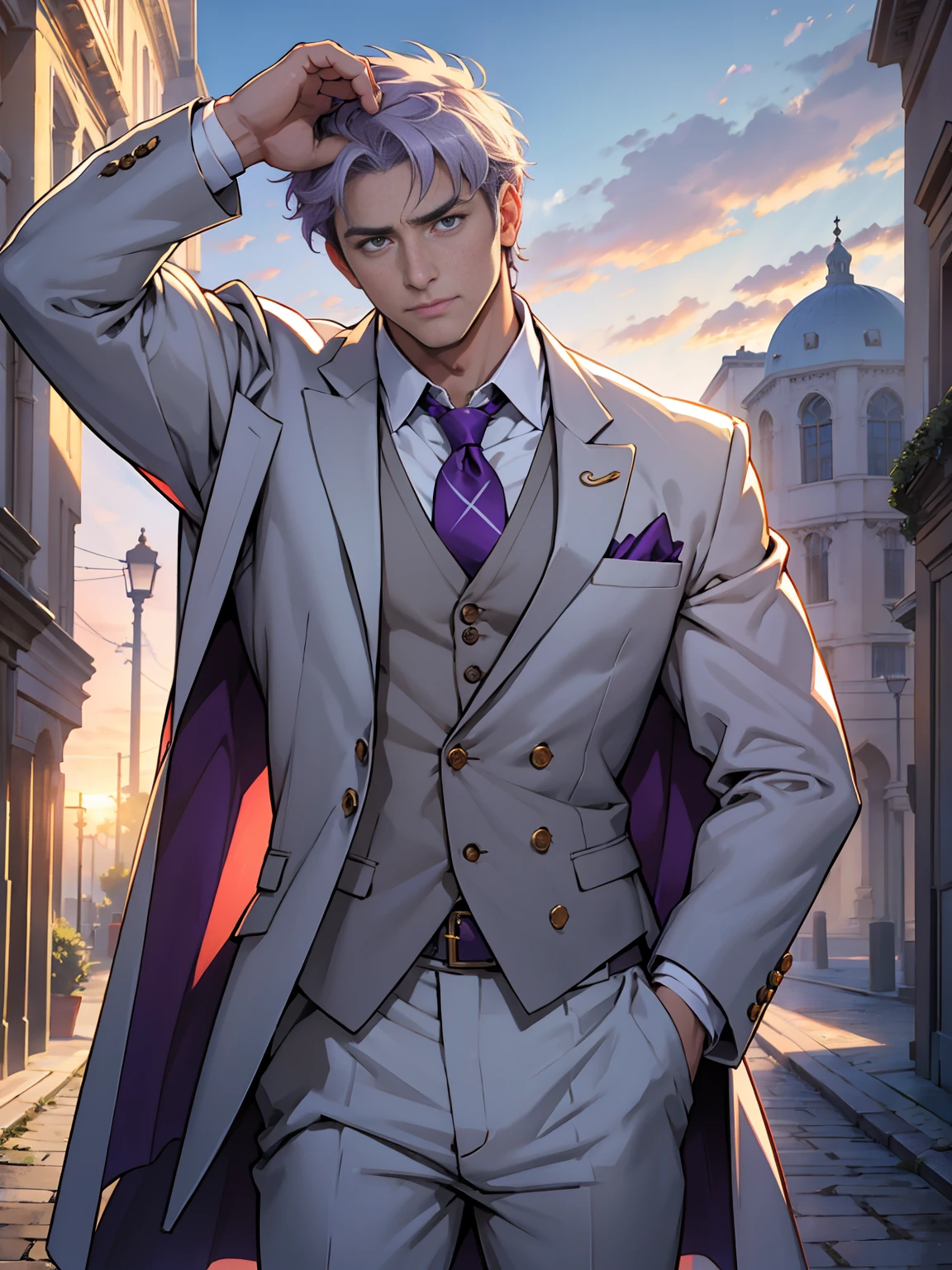 anime.Constantine the Great, Roman Emperor Constantine the Great resurrected in modern times。34 years old。one adult male。Long body。broad shoulder。thick neck。eyes like a lion。Bright and sharp eyes。Looking here。Sincere and kind。Kind and reliable。Deal with it sternly if necessary.。talented and hardworking businessman。successful gentleman。careerist。he is wearing a high quality white suit。dark purple tie。Light purple shirt。forceful。An overwhelming sense of control。romance novel hero。Bold composition。look up to。lyrical。Dramatic。heartful。Romantic。opulent。elegan。elegance。Venice background in the sunset。​masterpiece。top-quality。Super beautiful。The ultra -The high-definition。detaileds。exquisite。