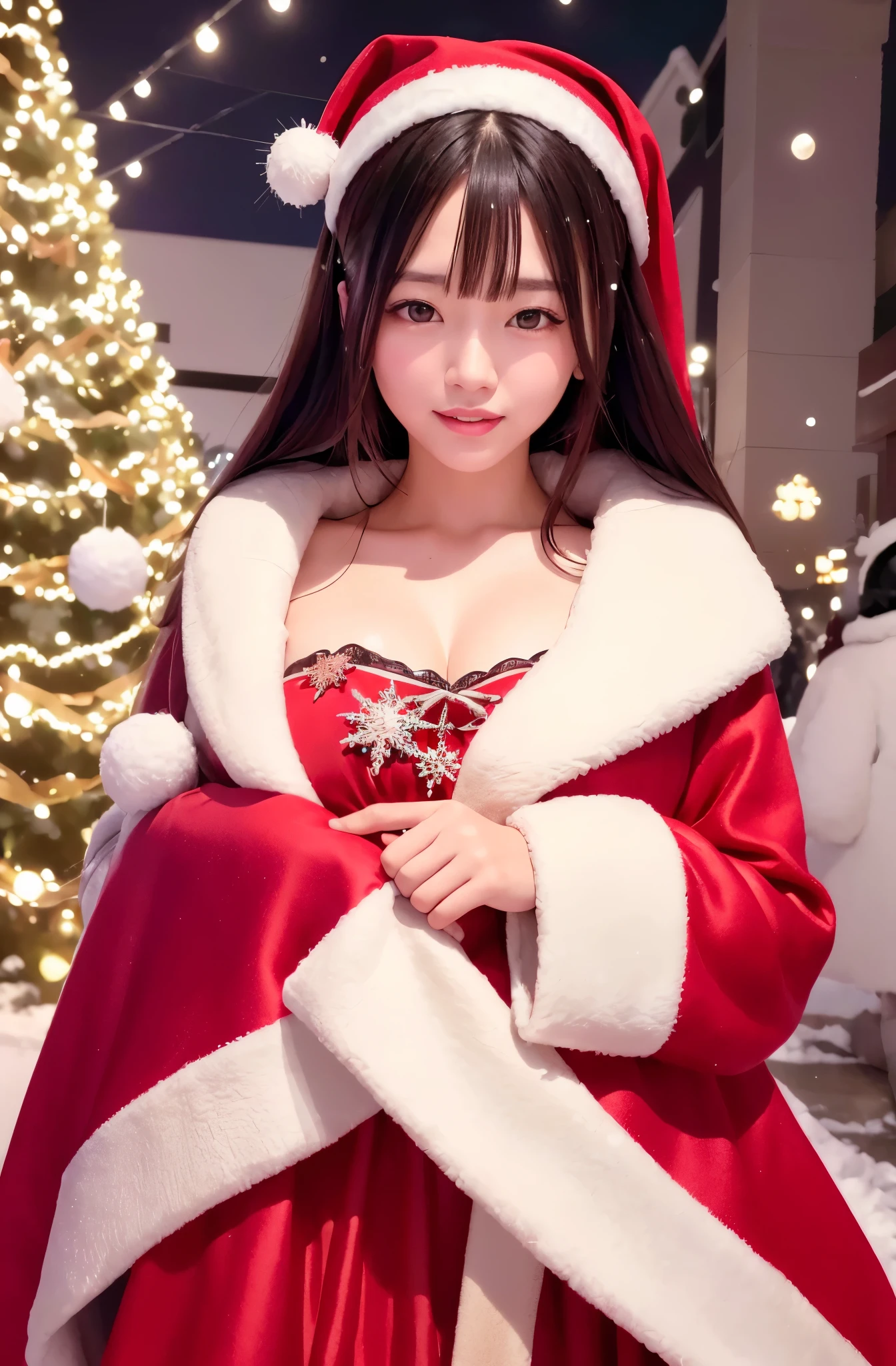 (top-quality、4K、8K、hight resolution、masterpiece: 1.2)、Super Detail、(a picture: 1.37)、Beautiful young Japanese woman wearing a red Santa costume、(the perfect body: 1.2)、(indoor night: 1.2)、extra detailed face、Detailed lips、beautifully detailed eyes、美しくDetailed lips、Frivolous poses、Flirting face、extremely detailed eye and face、long lashes、one girls、portrait shot、Christmas tree、glimmering light、Winter wonderland、Blissful、crew、happy facial expression、Dress up、fluffy snow、teto、glowing fireplace、Shimmering decoration