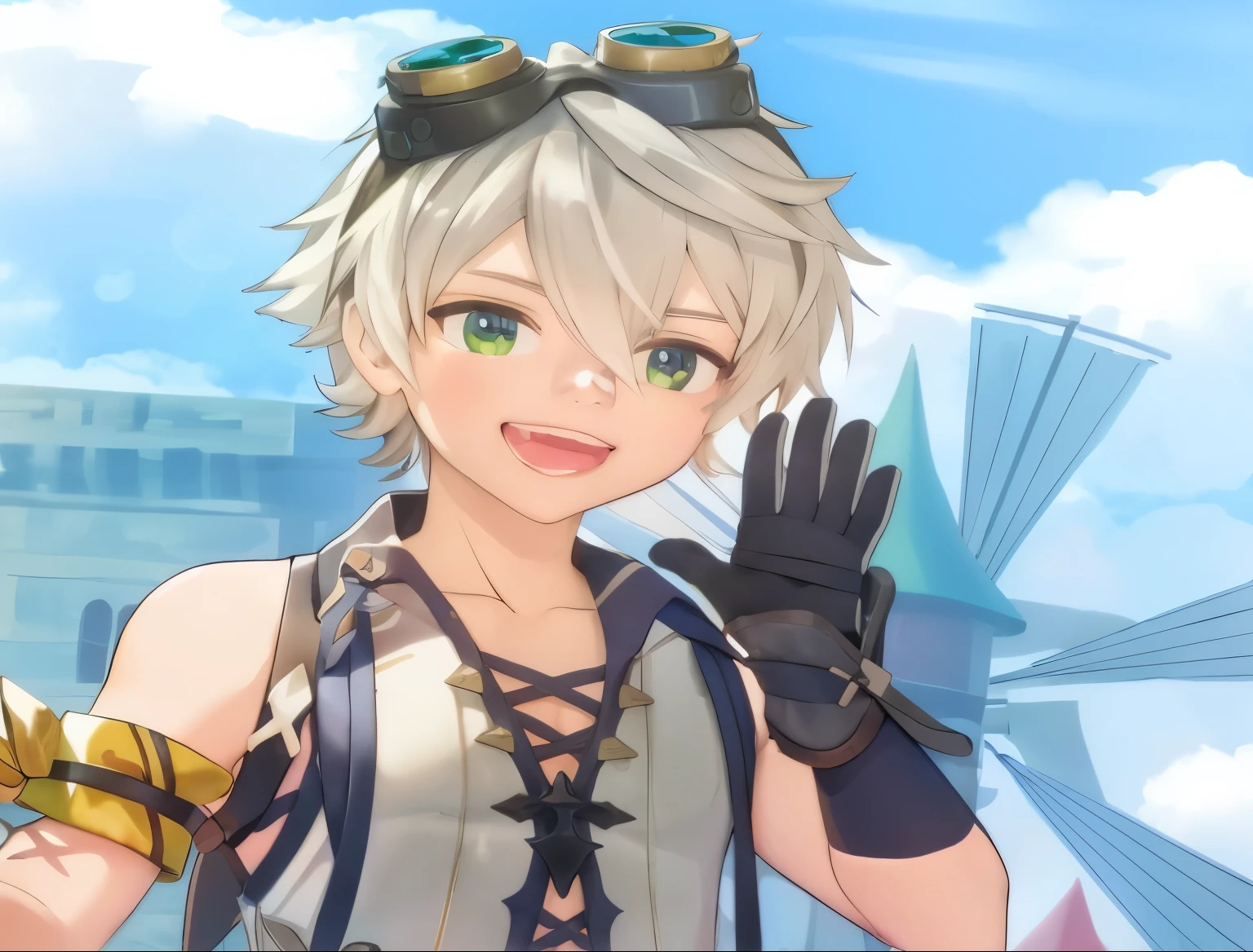 looking to the camera，With a smile