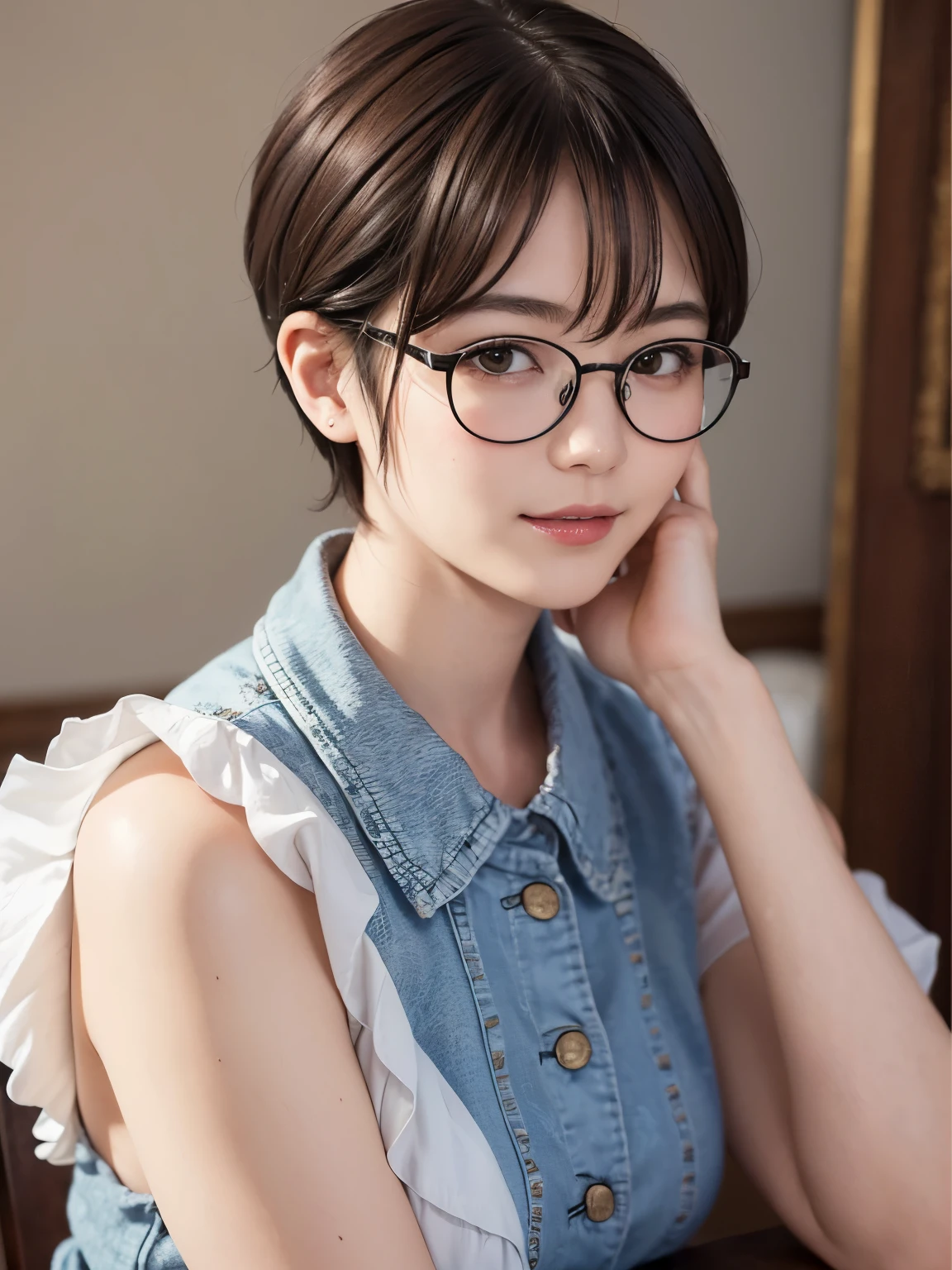 138
(a 20 yo woman,draw a self-portrait), (A hyper-realistic), (high-level image quality), ((beautiful hairstyle 46)), ((short-hair:1.46)), (Gentle smile), (breasted:1.46), (lipsticks), (wears glasses,wide,a room), (florals), (an oil painting、Rembrandt)