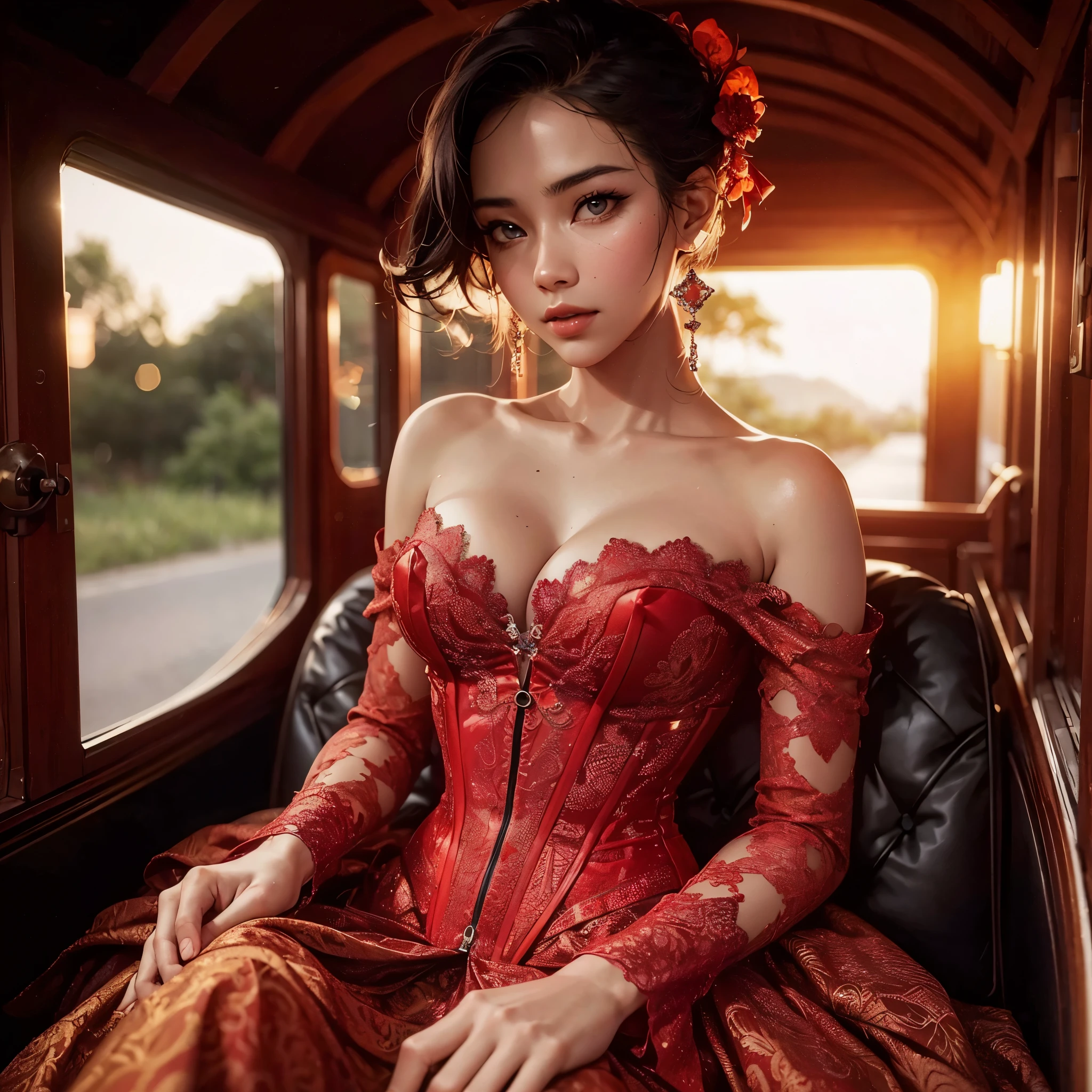 generate indonesian girl with gigantic boobs:1,9, wearing luxury bustier corset and cream color tight kebaya, tight batik long skirt, cross her hands at belly, slim waist, beautifull hand, beautifull fingers, beautifull lips, beautifull legs, sit inside carriage, masterpiece, hyperdetail, beautifull sunset, ambient effect, 8k, raw image, full body photoshoot, professional model, sharp eyes, lens glare, solo, 1girl, masterpiece, best quality:1.2),,(8k,highres,RAW photo,realistic,photo-realistic:1.3),(detailed skin texture,detailed cloth texture,beautiful detailed face:1.25),professional lighting,photon mapping,beautiful soft light,radiosity,physically-based rendering,raytracing, model shoot style, model shoot style, (extremely detailed CG unity 8k wallpaper), full shot body photo of the most beautiful artwork in the world, (((NSFW))), (((nude))), (completly naked))), ((nipples))