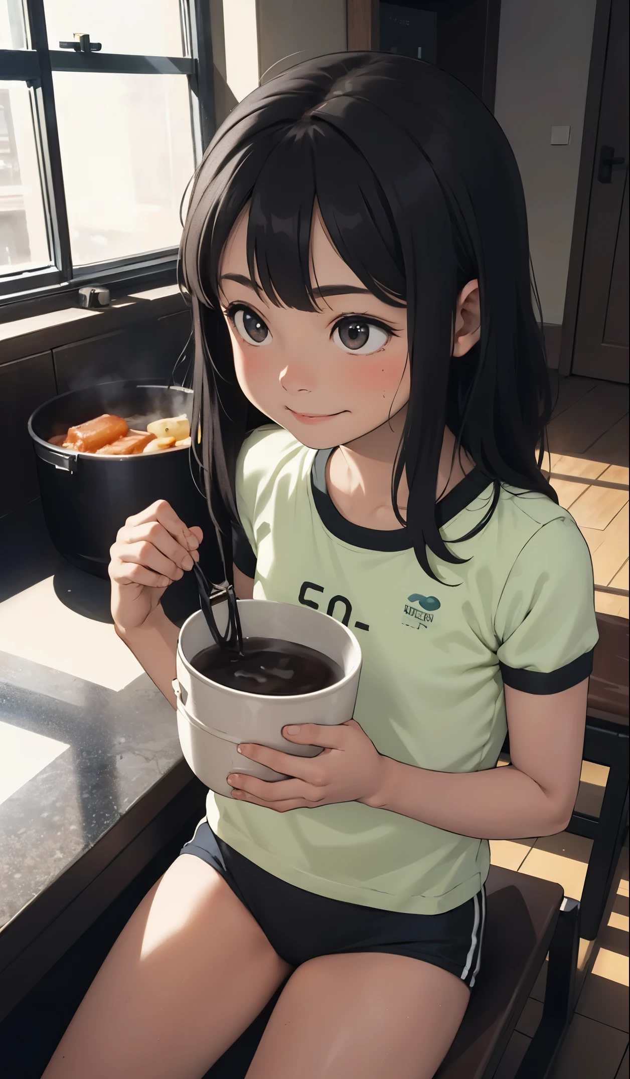 Perfect picture,,{girl in gym clothes}{Duan,kitchin}(surround the pot){Beautiful }{hedonism},{dining,Oden},8 years old girl,4K picture quality, Cinematic,,{Gamine},{small body and chest,,,,,,} Longhaire,A dark-haired,cute expression,face perfect,｛girl showing a smile｝