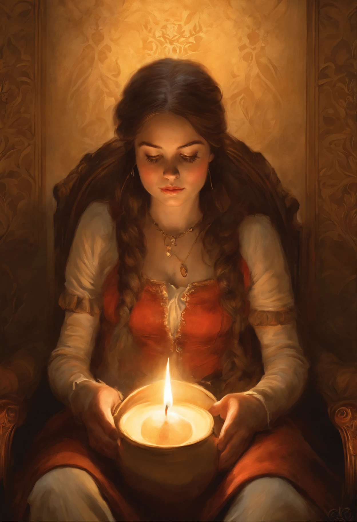真实感, a painting, Fantastic tale, Christmas style, Small painting by Jean-Baptiste Monge ,A girl (anatomically correct drawn body) sits on a chair and reads a mantra with a lit candle, Художественный стиль charli bowaterа, by candlelight, rob rey, Neoartcore и charli bowater, charli bowater Искусство персонажей, charli bowater насыщенные глубокие цвета, charli bowater, mantra burns with fire, candlelight, Candle lighting, candle lit, nightlight study, loish art style, Jean-Baptiste Monge, anthropomorphic --ar 2:3 --testp -optimistic; Straight hair