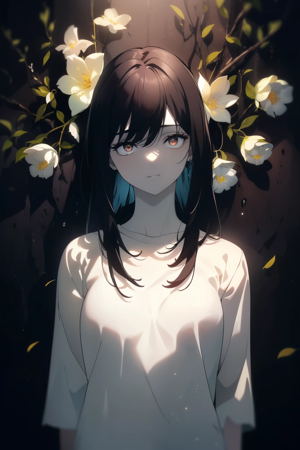 ((((Obra maestra, La mejor calidad, ultrahigh resolution)))), 1girl, standing, (baggy white t-shirt, loose fitting blue shortlack hair, dark black hair over eye)), long hair cut, pale skin, ((brown eyes)), glowing_eyes, neon eyes, (ultra detailed eyes:0.7, beautiful and detailed face, detailed eyes:0.9), ((centered)), smile, ((wide shot)), facing viewer, (((dark background of outside, flowers, bright lighting, summer, sunlight))), flat chested, looking at viewer, ((half closed eyes)), ((perfect hands)), ((head:1, hips, elbows, arms, in view)), ((hands behind back)), empty eyes, beautiful lighting, defined subject, 25 years old, ((cool looking))