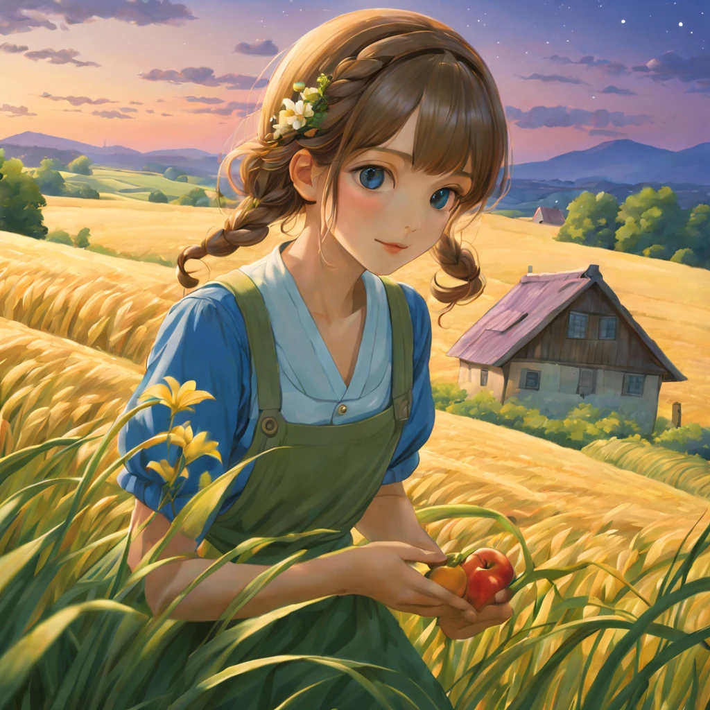 style in ghibli anime,magnificent landscape painting,the night,Farm life,Girl with a flower in her hairm scene,naturey,green colorm house,Tano,cropper,flourishing,abundance,lavoura,Tools,Industrious farmer,Abundance of fruits and vegetables,Farm animals eating grass with satisfaction,picturesque countryside,peacful,peacful,satisfy,satisfy,moonlit sky,grass swaying in the breeze,Stars twinkle overhead,Fireflies are flying around,Night wind whispers,Peaceful and pastoral setting,Subtle blue-violet tones,Subtle warm colors,Ethereal and dreamy atmosphere,A faint floral scent,Farmland stretches into the distance,Wheat fields sway gently,night adventure,Magical and charming atmosphere。(best quality,4k,8k,highres,masterpiece:1.2),ultra-detailed,(realistic,photorealistic,photo-realistic:1.37),