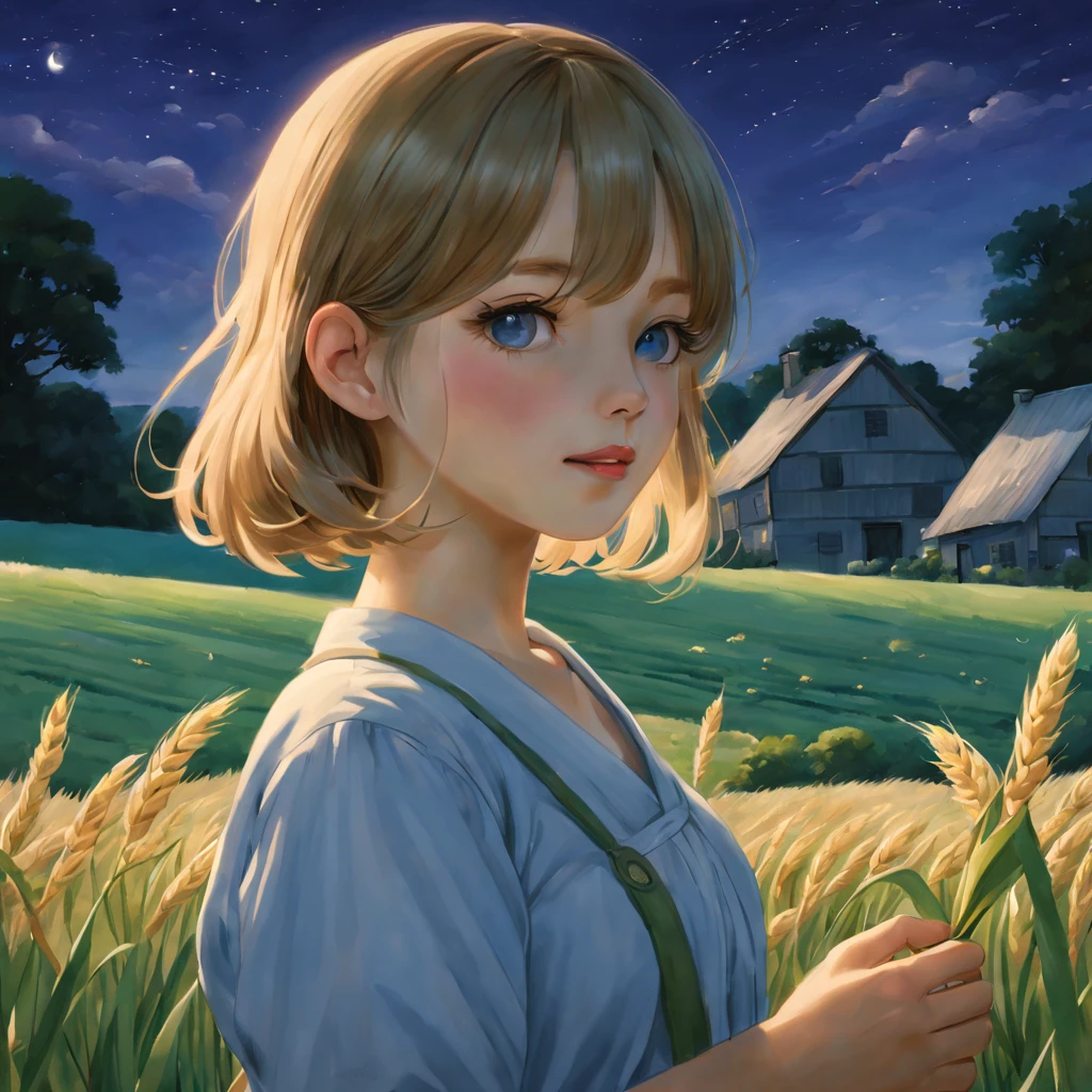 style in ghibli anime，magnificent landscape painting，the night，Farm life，Girl with a flower in her hairm scene，naturey，green colorm house，Tano，cropper，flourishing，abundance，lavoura，Tools，Industrious farmer，Abundance of fruits and vegetables，Farm animals eating grass with satisfaction，picturesque countryside，peacful，peacful，satisfy，satisfy，moonlit sky，grass swaying in the breeze，Stars twinkle overhead，Fireflies are flying around，Night wind whispers，Peaceful and pastoral setting，Subtle blue-violet tones，Subtle warm colors，Ethereal and dreamy atmosphere，A faint floral scent，Farmland stretches into the distance，Wheat fields sway gently，night adventure，Magical and charming atmosphere。(best quality,4k,8k,highres,masterpiece:1.2),ultra-detailed,(realistic,photorealistic,photo-realistic:1.37),