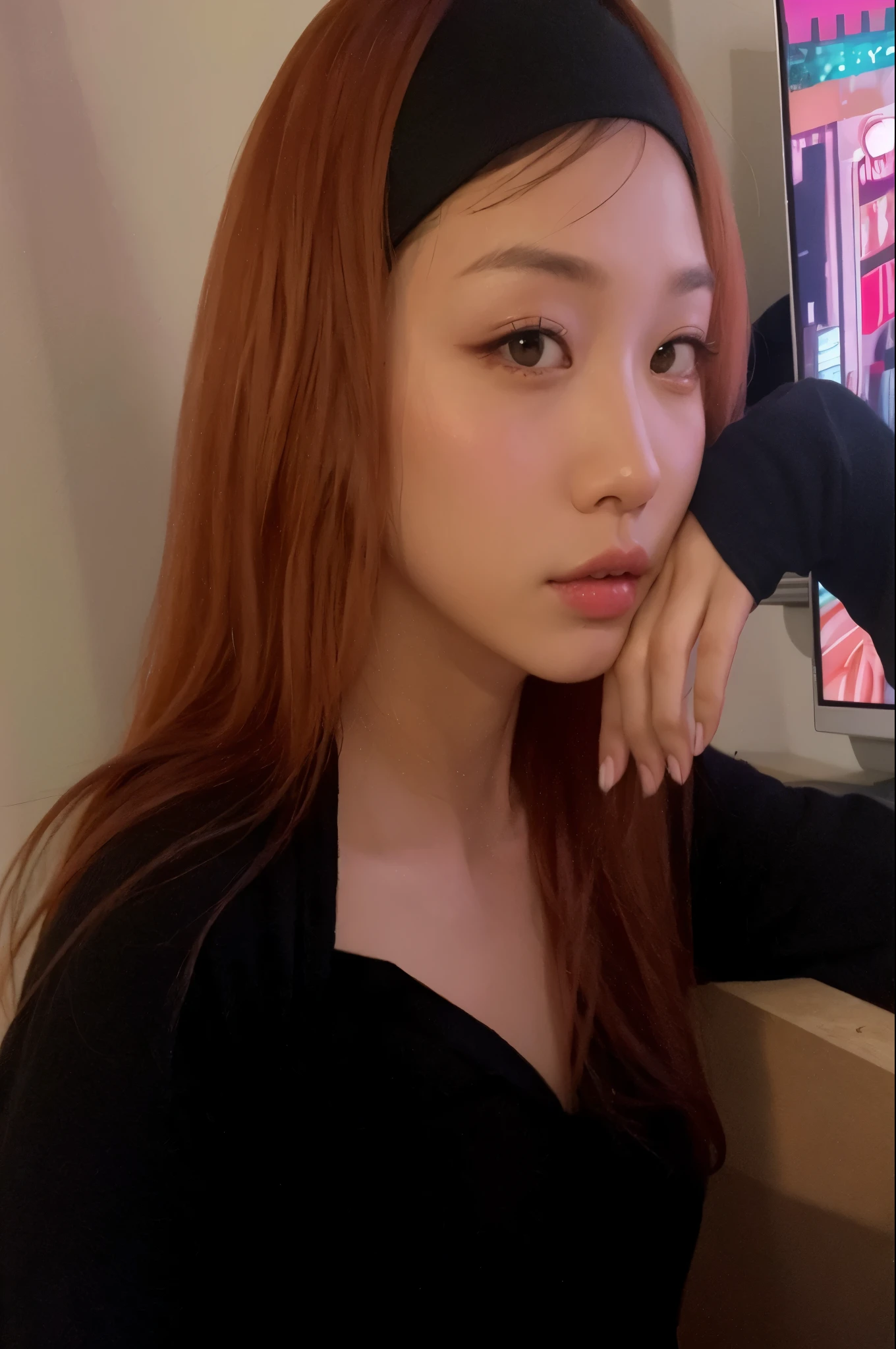 There's a woman who's sitting in front of a TV, taken in the early 2020s, Chiho, coreana, Heonhwa Choe, Dom Yunjoo, jossi do blackpink, portrait of jossi do blackpink, jennie blackpink, Ulzzang, Parque Ji-min, a young asian woman, linda mulher coreana jovem