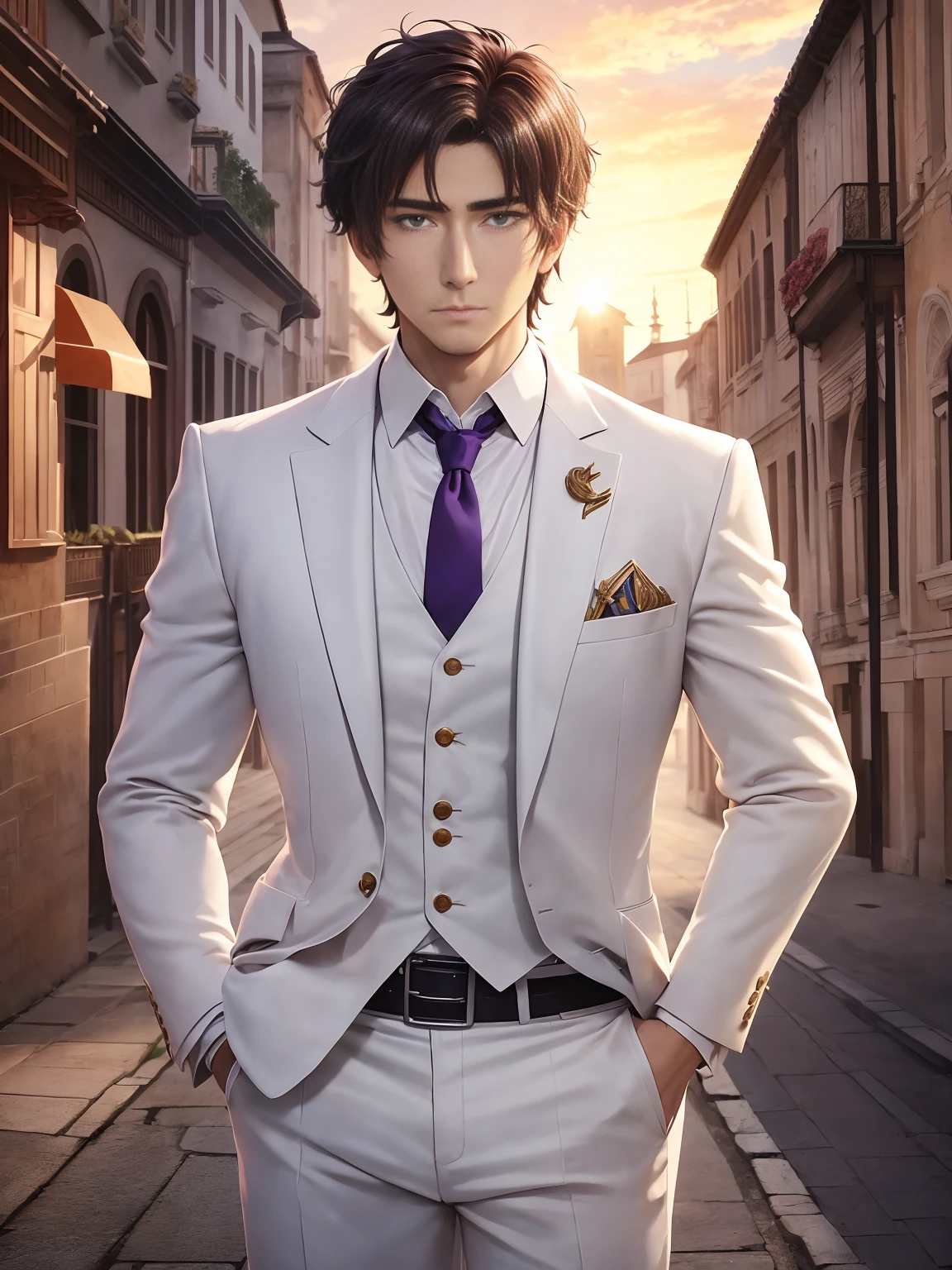 anime.Constantine the Great, Roman Emperor Constantine the Great resurrected in modern times。34 years old。one adult male。Long body。broad shoulder。thick neck。eyes like a lion。Bright and sharp eyes。Looking here。Sincere and kind。Kind and reliable。Deal with it sternly if necessary.。talented and hardworking businessman。successful gentleman。careerist。he is wearing a high quality white suit。dark purple tie。Light purple shirt。forceful。An overwhelming sense of control。romance novel hero。Bold composition。look up to。lyrical。Dramatic。heartful。Romantic。opulent。elegan。elegance。Venice background in the sunset。masterpiece。top-quality。Super beautiful。The ultra -The high-definition。detaileds。exquisite。