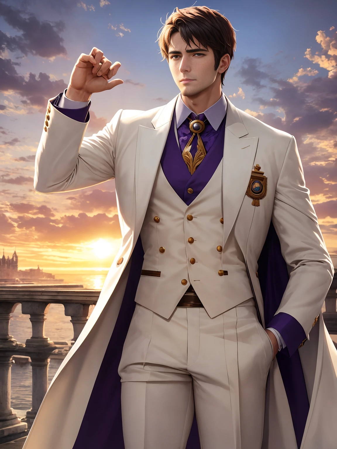 anime.Constantine the Great, Roman Emperor Constantine the Great resurrected in modern times。34 years old。one adult male。Long body。broad shoulder。thick neck。eyes like a lion。Bright and sharp eyes。Looking here。Sincere and kind。Kind and reliable。Deal with it sternly if necessary.。talented and hardworking businessman。successful gentleman。careerist。he is wearing a high quality white suit。dark purple tie。Light purple shirt。forceful。An overwhelming sense of control。romance novel hero。Bold composition。look up to。lyrical。Dramatic。heartful。Romantic。opulent。elegan。elegance。Venice background in the sunset。masterpiece。top-quality。Super beautiful。The ultra -The high-definition。detaileds。exquisite。
