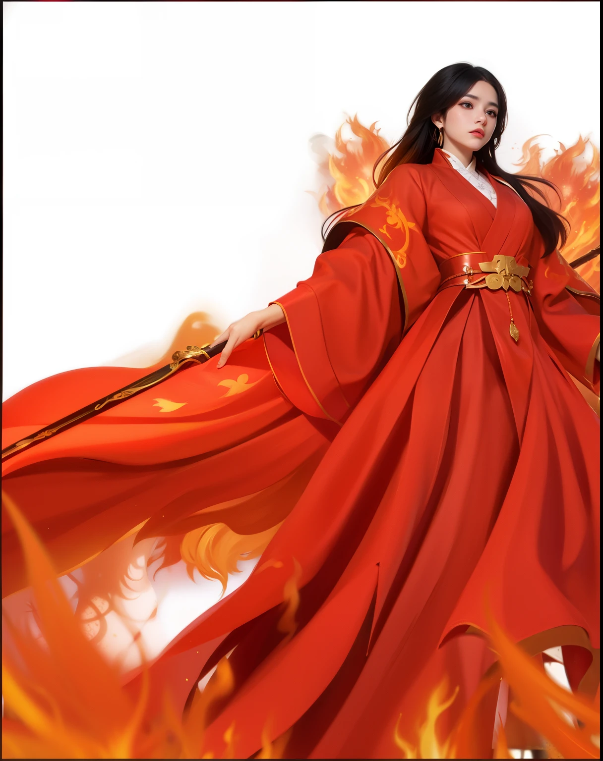 The anime character wears a red outfit with lights and carries a staff., appears as the Goddess of Fire, Inspired by Ju Lian, inspired by Li Mei-shu, Goddess of Fire, fire queen, Fire Mage., Inspired by Du Qiong, full body xianxia, Goddess of Fire, G Liulian Art Style, Red coat, the butterfly Goddess of Fire