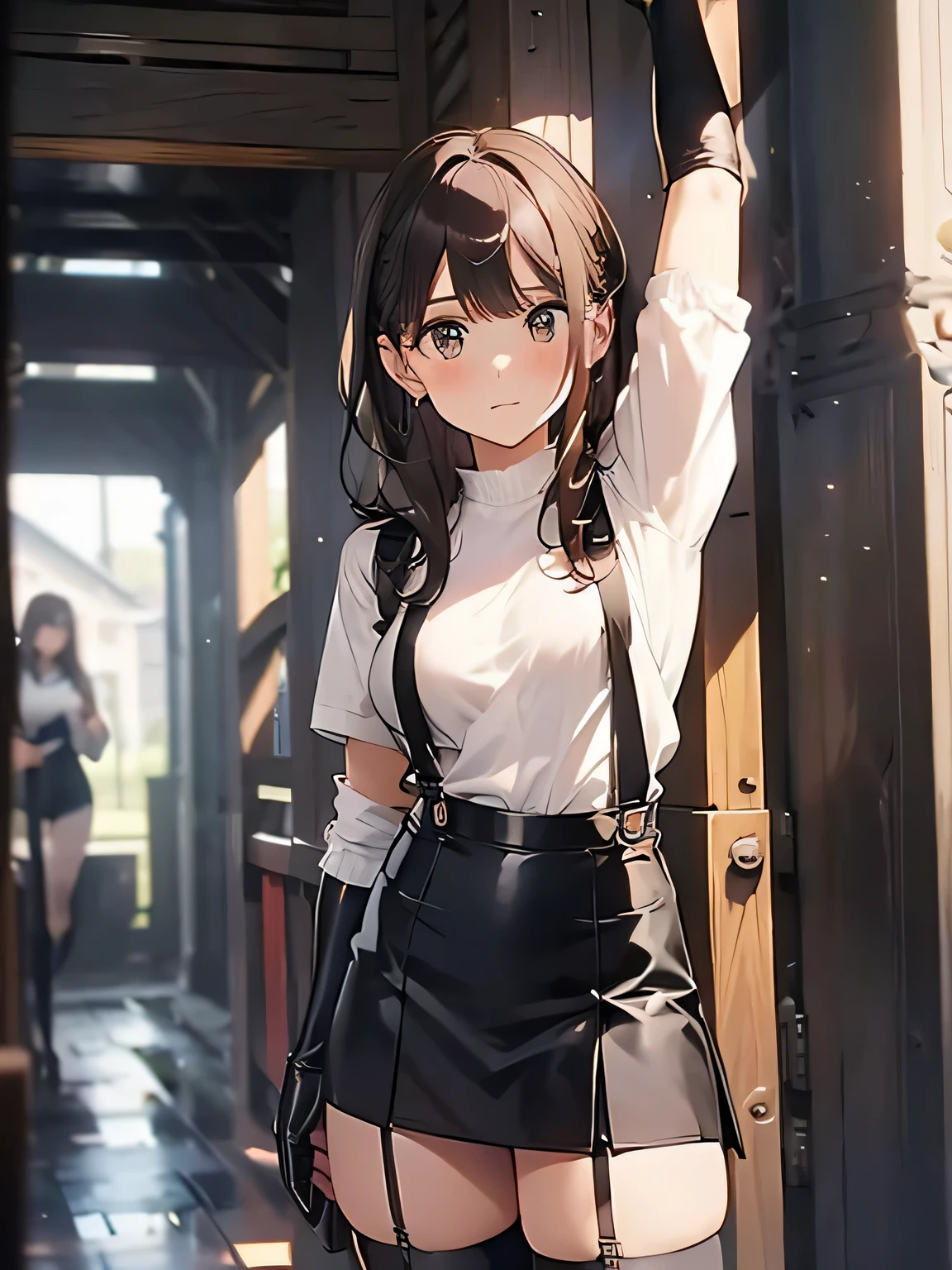 Brown hair、watching at viewers　　　black suspenders　　　bulging big tits　　 　 　　　walls: 　Black miniskirt　garters　　　　　　Gaze　　　a small face　bangss 　　　holster　　　Beautuful Women　　Hands up　　レッグholster ベッドに横たわる　　Gaze 　black boots panty shot　Provocation　flank　flank汗　Soio 　arms are