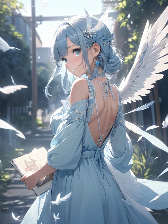 (Background with白い:1.4),(White dirt road, Oriental elements),(Nature Illustration Spring:1. Art Book:1.3, Quilted Art Book:1.2),( Reasonable design, Clear lines, High Sharpness,Best Quality, Very detailed, masutepiece, Movie Light Effects, 4K )、(Light blue dress:1.2)、(wings on the back:1.4)Light blue dress、Light blue clothes、Light blue dress at shoulders、Light blue dress,Nice design、the wind、Background with、white feathers fly away、Very white hair、long、Wings of an angel on the back、Light blue theme、Beautiful wings grow from behind、A slight smil、The best smile、angel wings grow from behind、facing front、Girl in front