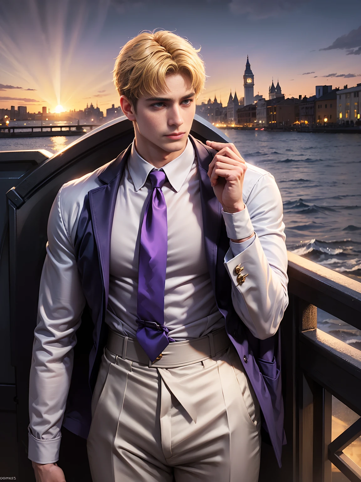 anime.Constantine the Great, Roman Emperor Constantine the Great resurrected in modern times。34 years old。one adult male。Long body。broad shoulder。thick neck。eyes like a lion。Bright and sharp eyes。Looking here。Sincere and kind。Kind and reliable。Deal with it sternly if necessary.。talented and hardworking businessman。successful gentleman。careerist。he is wearing a high quality white suit。dark purple tie。Light purple shirt。forceful。An overwhelming sense of control。romance novel hero。Bold composition。look up to。lyrical。Dramatic。heartful。Romantic。opulent。elegan。elegance。Venice background in the sunset。​masterpiece。top-quality。Super beautiful。The ultra -The high-definition。detaileds。exquisite。