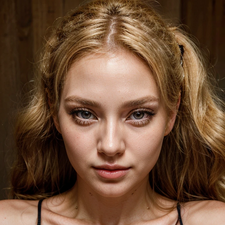A bold blonde woman with striking features, captivating sensual eyes, and full lips, she has a thin nose and long lashes exuding a contagious energy that reflects her vibrant 30-year-old personality