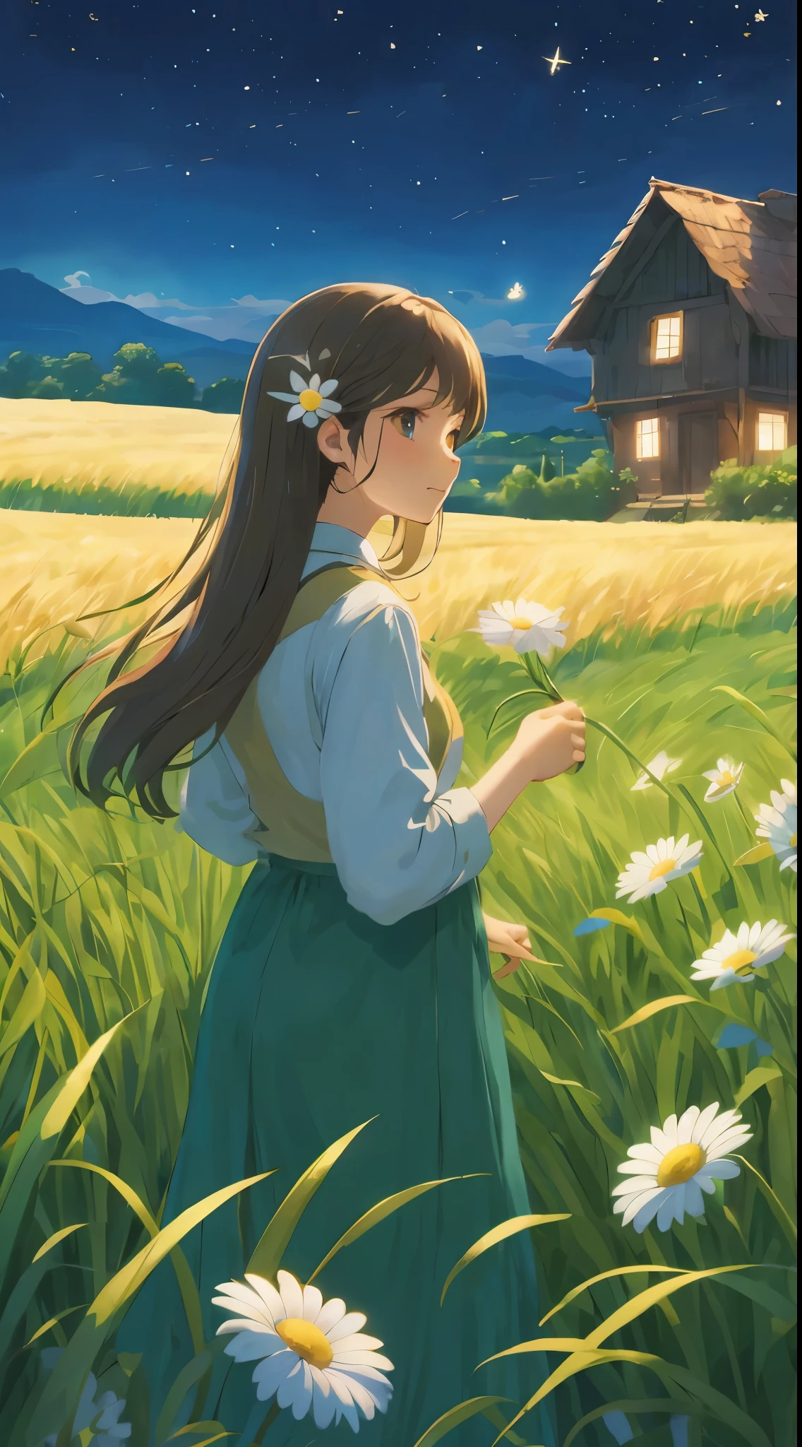 Anime girl looking at house in daisy field, Shinkai sincerely art style, ( ( Shinkai sincerely ) ), studio glibly Shinkai sincerely, Beuatiful anime, Shinkai sincerely!, Shinkai sincerely style, Shinkai sincerely and artgerm, Anime countryside landscape, Shinkai sincerely!!, style of Shinkai sincerely