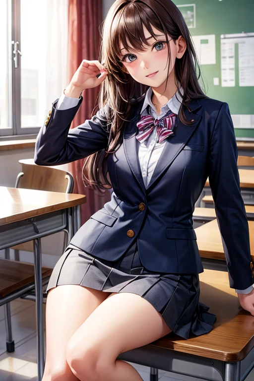Realistic high school girl wearing a blazer，Brown hair，soio，‎Classroom