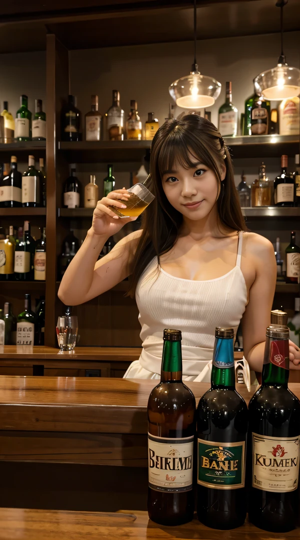 A bar with alcohol bottles neatly lined up、femele、1 persons、pose for the audience in front of the bar counter
