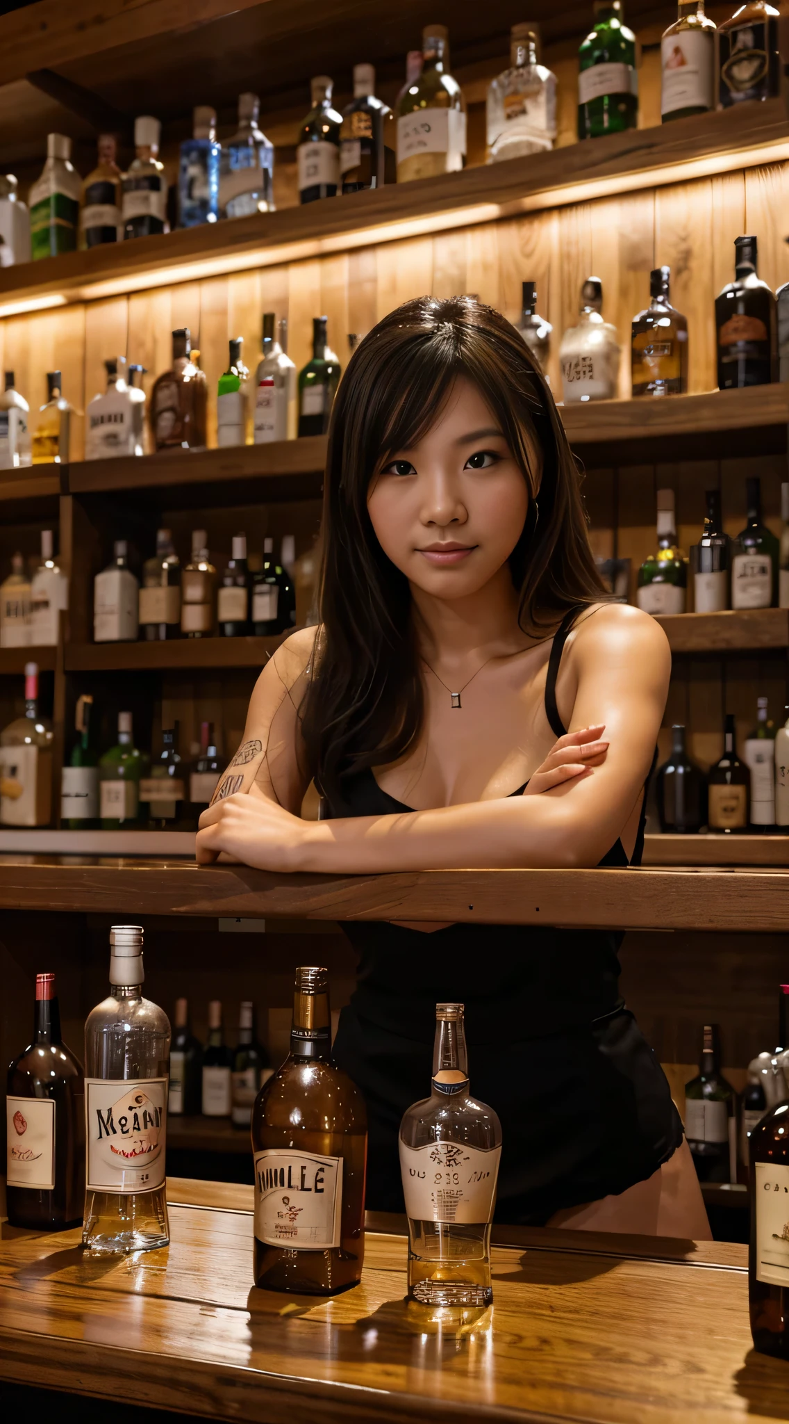 A bar with alcohol bottles neatly lined up、femele、1 persons、pose for the audience in front of the bar counter