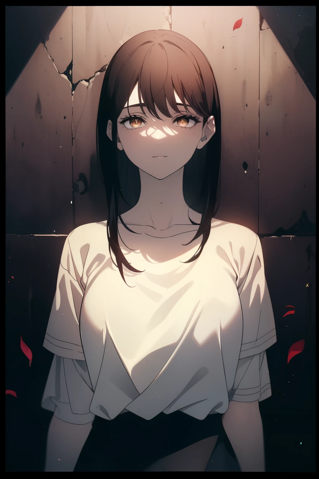 ((((Obra maestra, La mejor calidad, ultrahigh resolution)))), 1girl, standing, (baggy white t-shirt, loose fitting blue shortlack hair, dark black hair over eye)), long hair cut, pale skin, ((brown eyes)), glowing_eyes, neon eyes, (ultra detailed eyes:0.7, beautiful and detailed face, detailed eyes:0.9), ((centered)), smile, ((wide shot)), facing viewer, (((dark background of outside, flowers, bright lighting, summer, sunlight))), flat chested, looking at viewer, ((half closed eyes)), ((perfect hands)), ((head:1, hips, elbows, arms, in view)), ((hands behind back)), empty eyes, beautiful lighting, defined subject, 25 years old, ((cool looking)), ((scene:0.9))