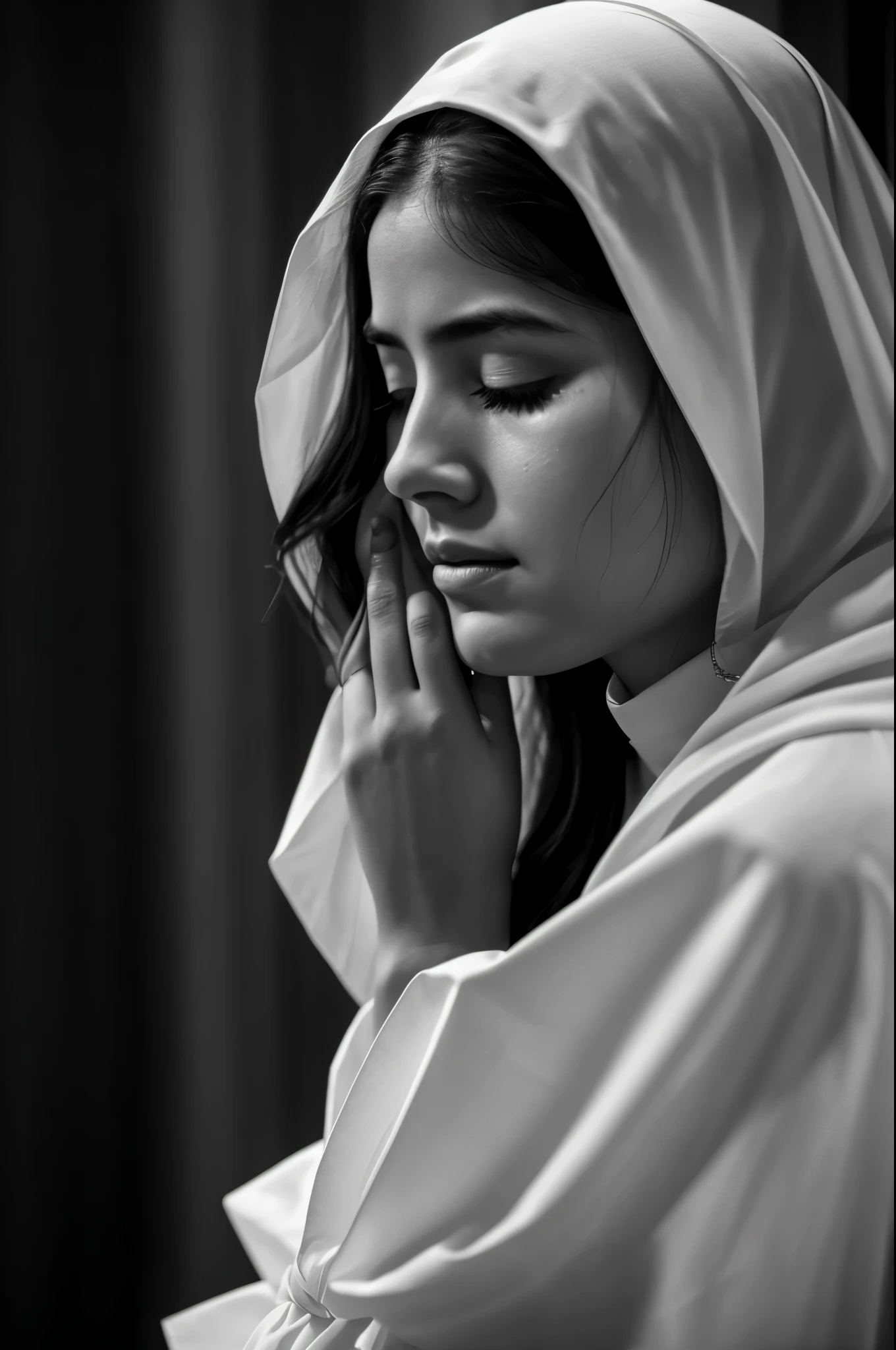 In the dimly lit ambiance of the church at night, a nun kneels in somber prayer, her youthful and beautiful face adorned with tears. The flickering candle beside her casts a gentle glow, illuminating the depth of her sorrow. Her eyes closed in anguish, she seeks solace and guidance in her faith. The contrast between her radiant beauty and the weight of her sadness creates a poignant image that evokes empathy and contemplation. Captured in a black and white photographic style, emphasizing the play of light and shadow, and the delicate details of her tear-stained face.