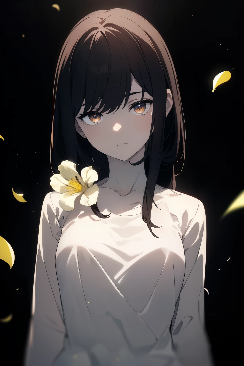 ((((Obra maestra, La mejor calidad, ultrahigh resolution)))), 1girl, standing, (baggy white t-shirt, loose fitting blue shortlack hair, dark black hair over eye)), long hair cut, pale skin, ((brown eyes)), glowing_eyes, neon eyes, (ultra detailed eyes:0.7, beautiful and detailed face, detailed eyes:0.9), ((centered)), smile, ((wide shot)), facing viewer, (((dark background of outside, flowers, bright lighting, summer, sunlight))), flat chested, looking at viewer, ((half closed eyes)), ((perfect hands)), ((head:1, hips, elbows, arms, in view)), ((hands behind back)), empty eyes, beautiful lighting, defined subject, 25 years old, ((cool looking)), ((scene:0.9))