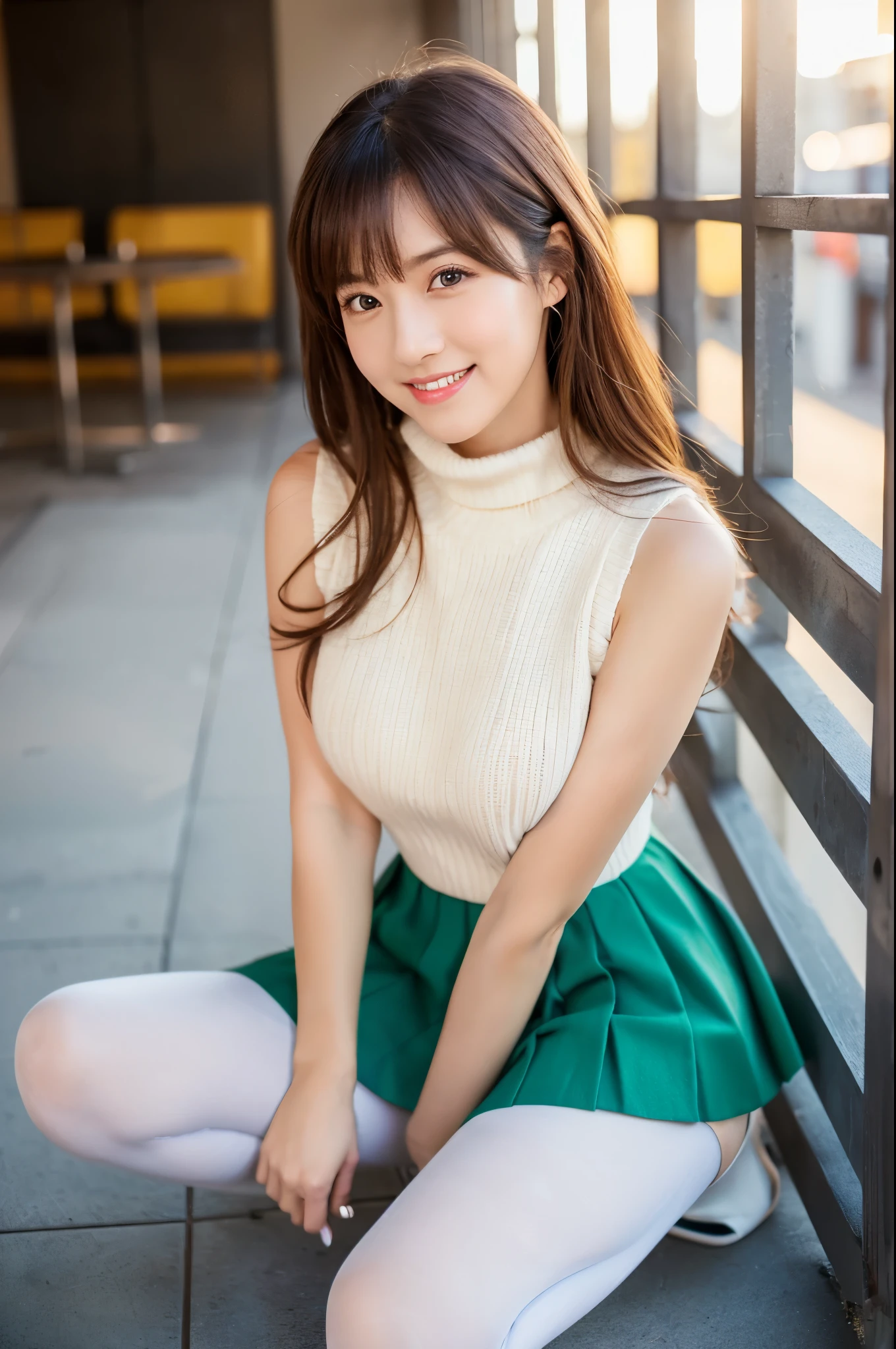 ulzzang -6500-v1.1, (Raw photo:1.2), (Photorealsitic), Beautiful detailed, (Real: 1.4), ighly detailedな目と顔, beatiful detailed eyes, Sitting on a bench in the city、(Sleeveless High Neck Sweater、flered skirt:1.2)、(Ultra-realistic pantyhose、high-heels)、sitting cross-legs、huge filesize, hight resolution, ighly detailed, top-quality, [​masterpiece:1.6], illustratio, ighly detailed, nffsw, finely detail, top-quality, 8k wallpaper, Cinematographic lighting, 1 milf, 43 yeas old, perfect body type, cute droopy eyes beautiful big eyes、Pieckfinger, ((masutepiece)), Best Quality, 1 milf, eye shadow, Portrait, ((FULL BODYSHOT:1.4))、(Very affectionate smile:1.2)、