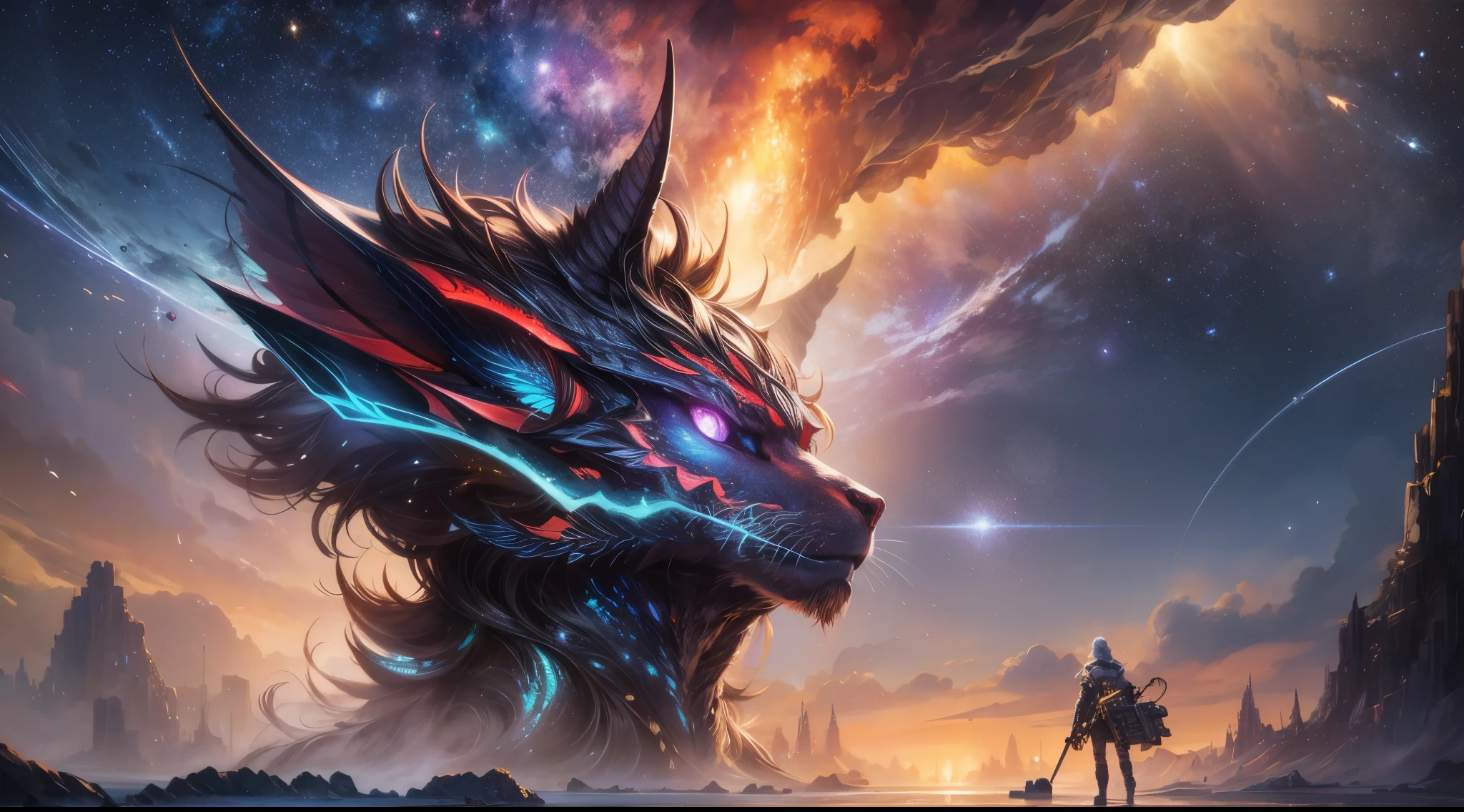 Draw a young female programmer, standing on a research platform floating in the middle of an asteroid belt, turn her back on viewers , from behind,surrounded by several asteroids glowing with fiery auras BREAK Dramatic lighting from distant stars and planets illuminates the scene, casting deep shadows on the suit, looking at the vast and mysterious universe with wonder and respect,BREAK,Detailed,Realistic,4k highly detailed digital art,octane render, bioluminescent, BREAK 8K resolution concept art, realism,by Mappa studios,masterpiece,best quality,official art,illustration,ligne claire,(cool_color),perfect composition,absurdres, fantasy,focused,rule of thirds
