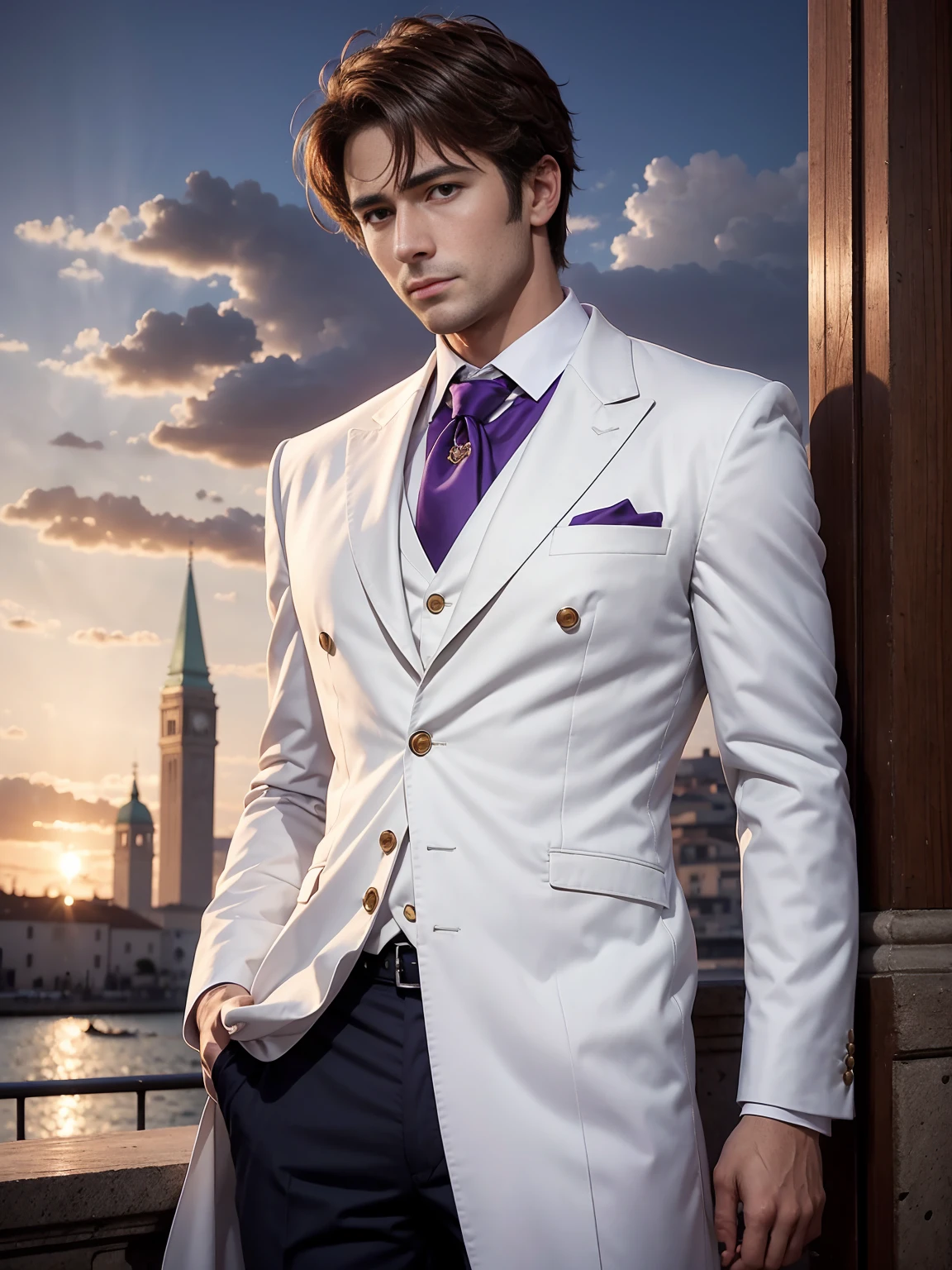 anime.Constantine the Great, Roman Emperor Constantine the Great resurrected in modern times。34 years old。one adult male。Long body。broad shoulder。thick neck。eyes like a lion。Bright and sharp eyes。Looking here。Sincere and kind。Kind and reliable。Deal with it sternly if necessary.。talented and hardworking businessman。successful gentleman。careerist。he is wearing a high quality white suit。dark purple tie。Light purple shirt。forceful。An overwhelming sense of control。romance novel hero。Bold composition。look up to。lyrical。Dramatic。heartful。Romantic。opulent。elegan。elegance。Venice background in the sunset。masterpiece。top-quality。Super beautiful。The ultra -The high-definition。detaileds。exquisite。