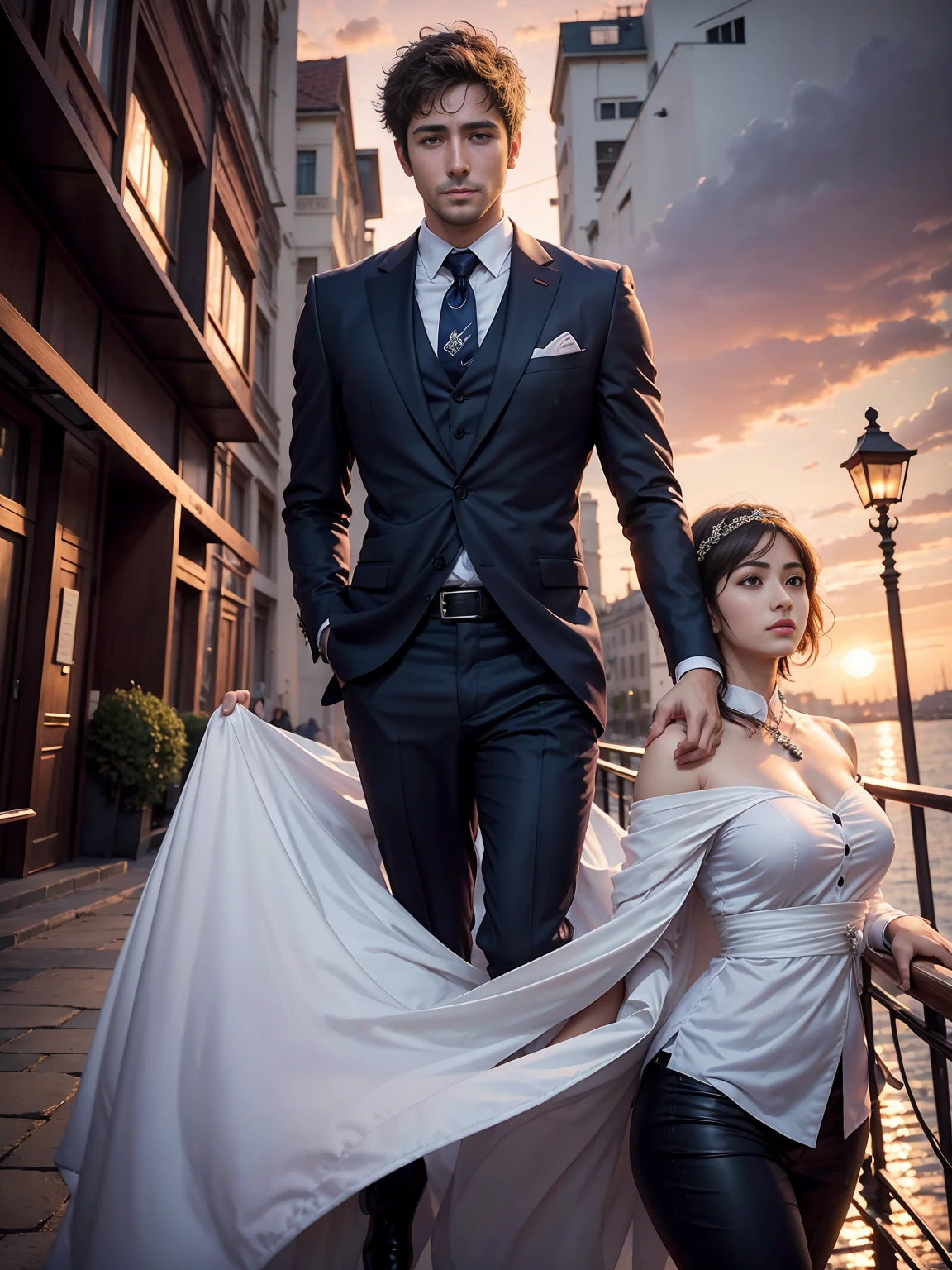 anime.Constantine the Great, Roman Emperor Constantine the Great resurrected in modern times。34 years old。one adult male。Long body。broad shoulder。thick neck。eyes like a lion。Bright and sharp eyes。Looking here。Sincere and kind。Kind and reliable。Deal with it sternly if necessary.。talented and hardworking businessman。successful gentleman。careerist。he is wearing a high quality white suit。dark purple tie。Light purple shirt。forceful。An overwhelming sense of control。romance novel hero。Bold composition。look up to。lyrical。Dramatic。heartful。Romantic。opulent。elegan。elegance。Venice background in the sunset。masterpiece。top-quality。Super beautiful。The ultra -The high-definition。detaileds。exquisite。