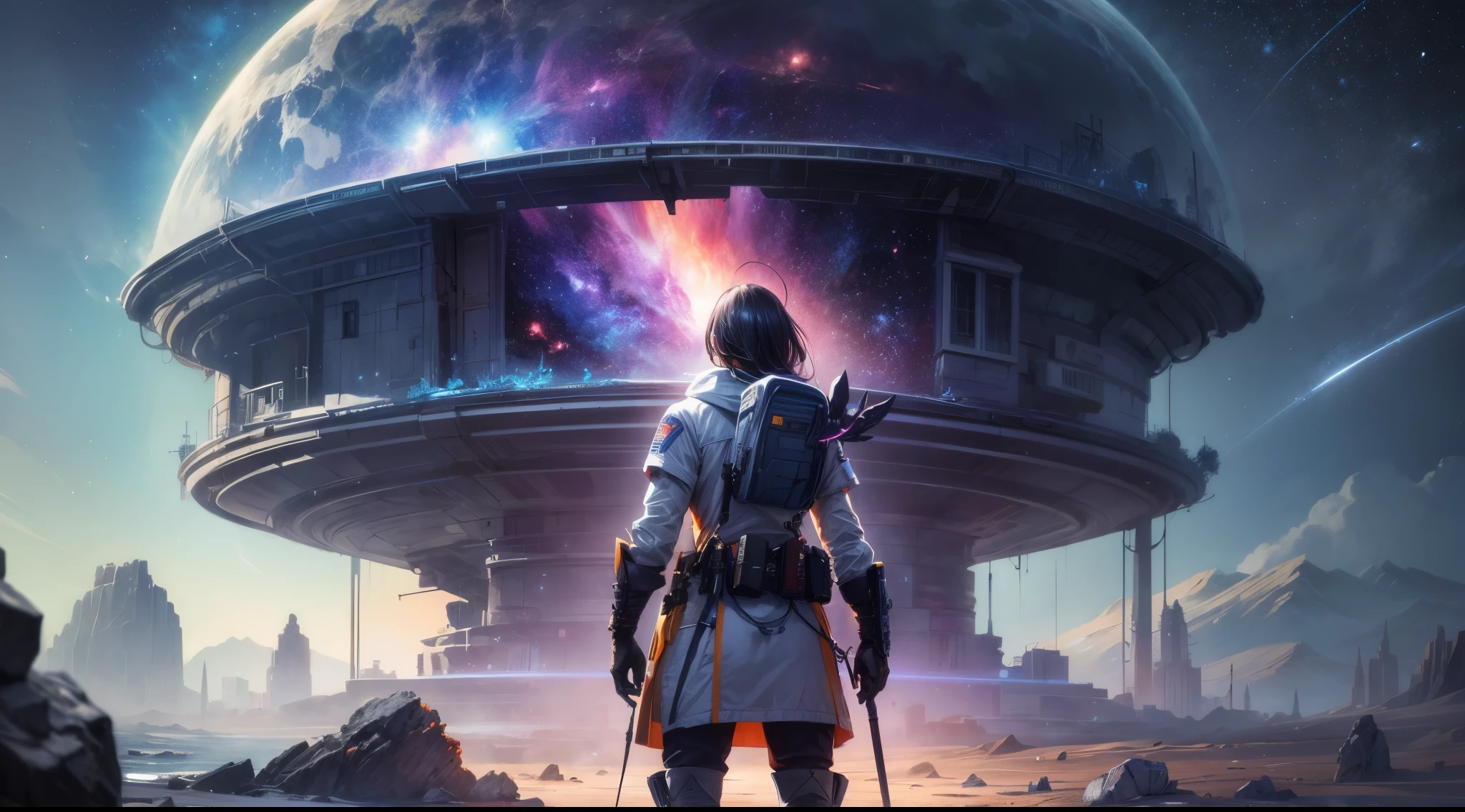 Draw a young female programmer, standing on a research platform floating in the middle of an asteroid belt, turn her back on viewers , from behind,surrounded by several asteroids glowing with fiery auras BREAK Dramatic lighting from distant stars and planets illuminates the scene, casting deep shadows on the suit, looking at the vast and mysterious universe with wonder and respect,BREAK,Detailed,Realistic,4k highly detailed digital art,octane render, bioluminescent, BREAK 8K resolution concept art, realism,by Mappa studios,masterpiece,best quality,official art,illustration,ligne claire,(cool_color),perfect composition,absurdres, fantasy,focused,rule of thirds